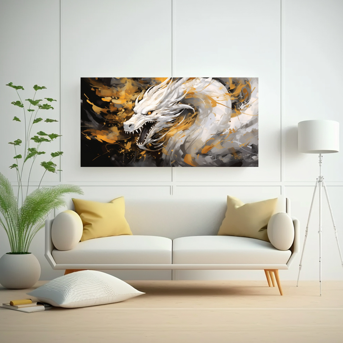 CUADRO ABSTRACTO: DRAGÓN EN BLANCO Y ORO, 60X30 CM - 2