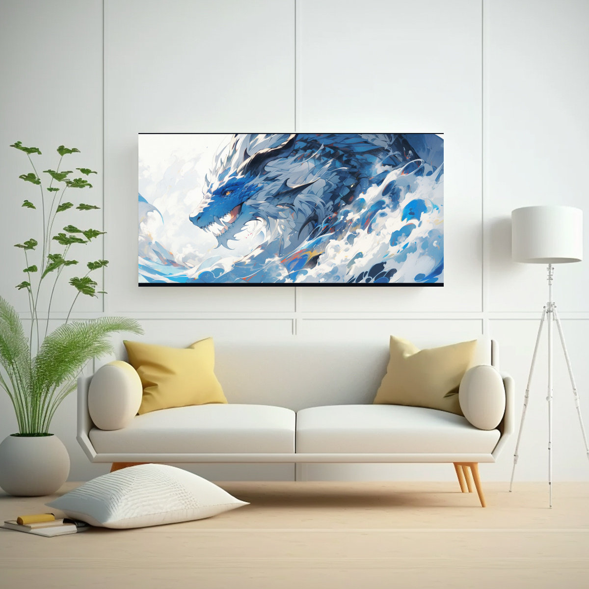 CUADRO MURAL DRAGÓN BLANCO Y AZUL ESTILO NEONOIR 160X80 CM - 2
