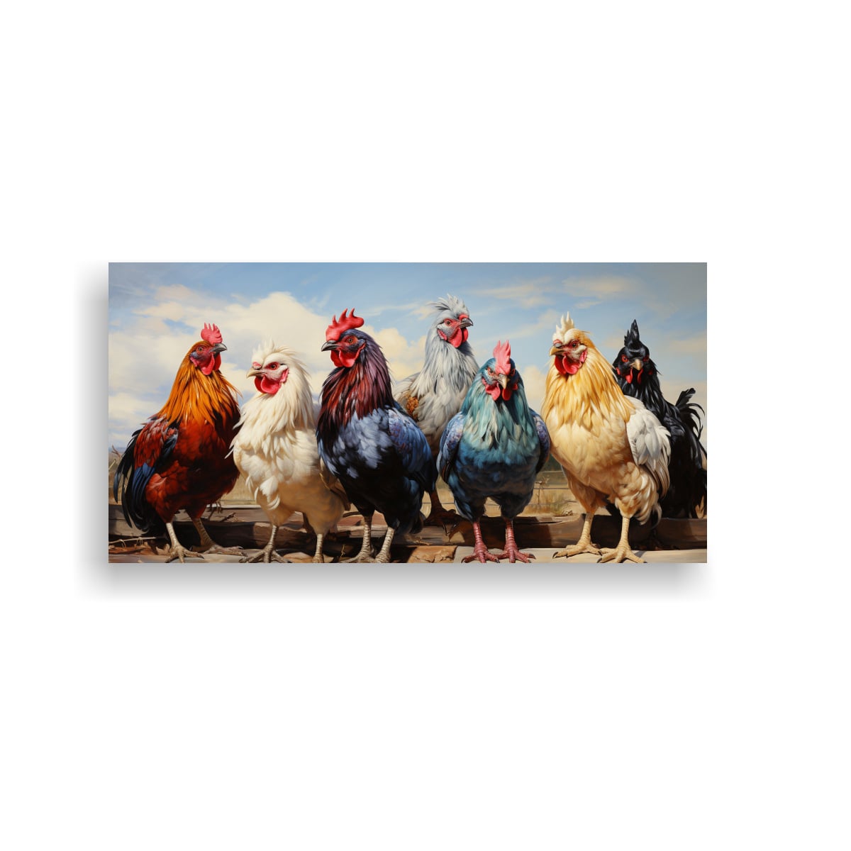 PINTURA ORIGINAL CUADRO GALLOS Y GALLINAS ESTILO 100X50 CM - 1
