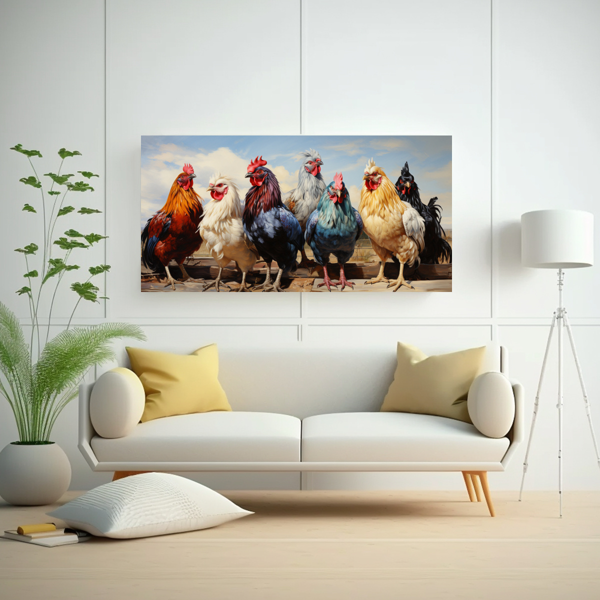 PINTURA ORIGINAL CUADRO GALLOS Y GALLINAS ESTILO 100X50 CM - 2