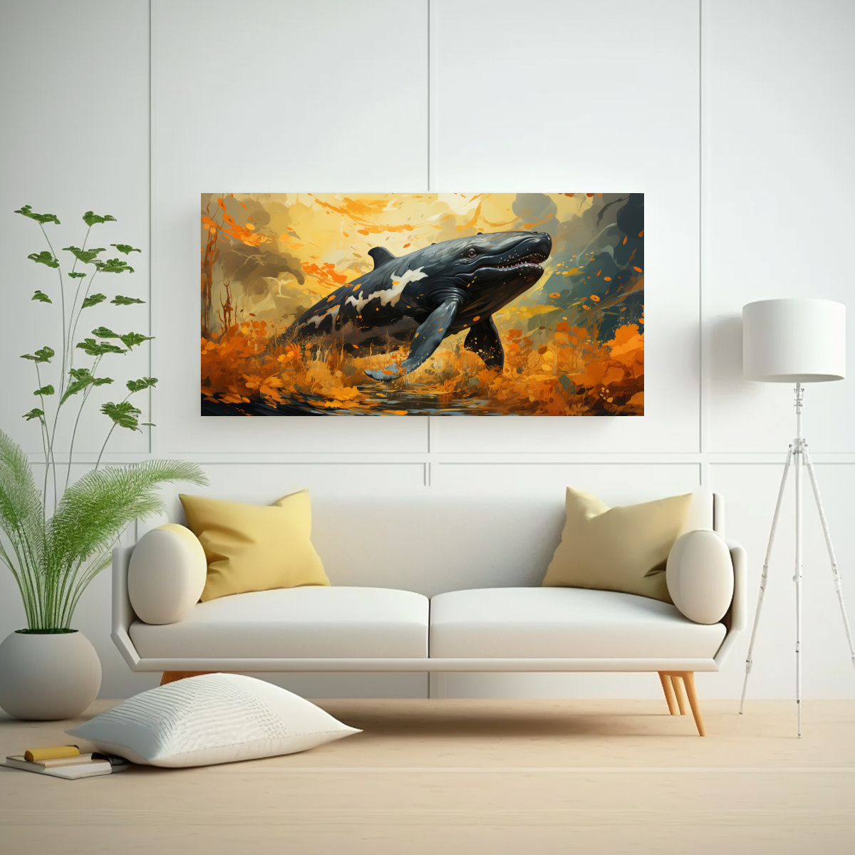 CUADRO DE BALLENA GRIS EN CALABAZA Y COLORES DE 100X50 CM - 2
