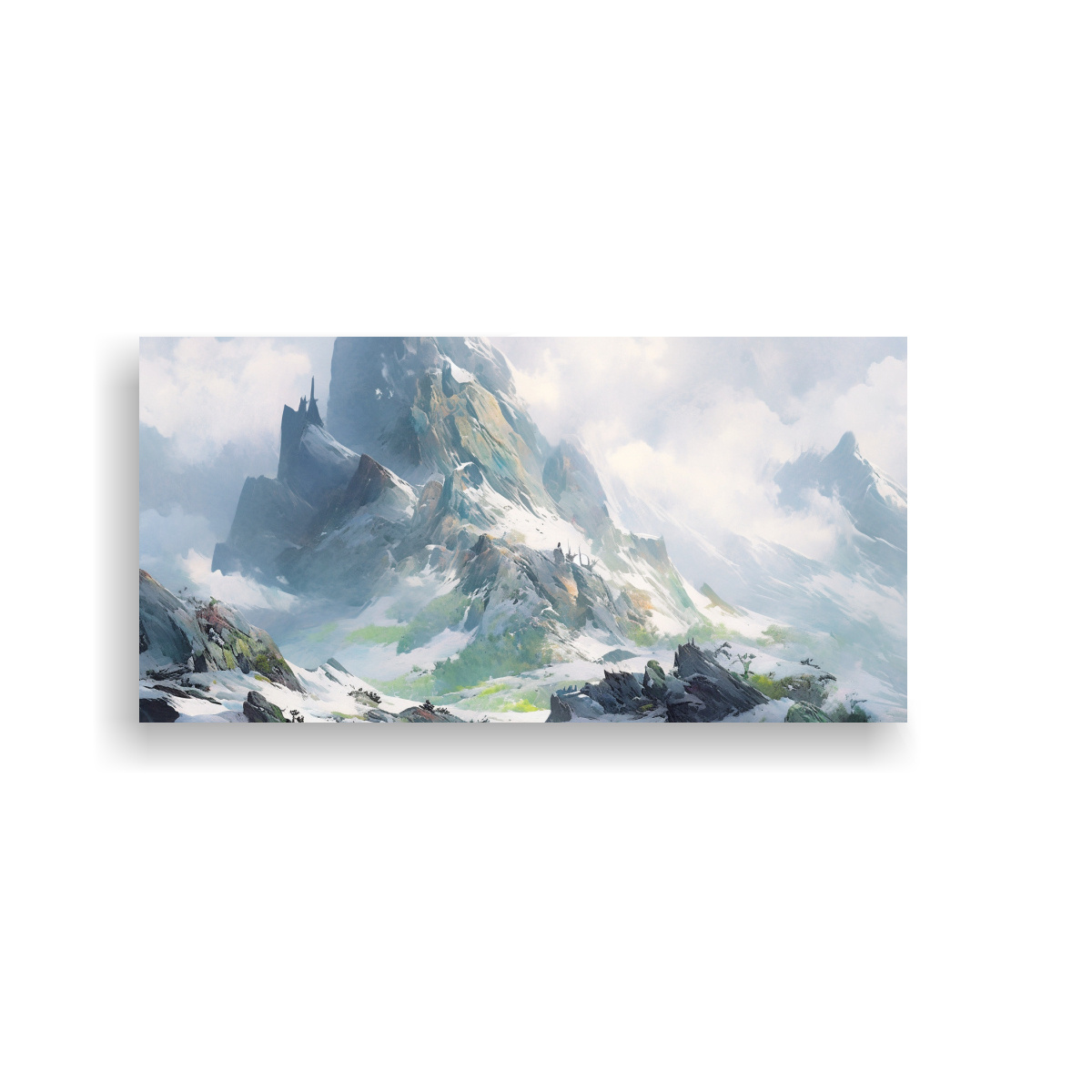 CUADRO ABSTRACTO MONTAÑAS NEVADAS COLORES VERDES 60X30 CM - 1