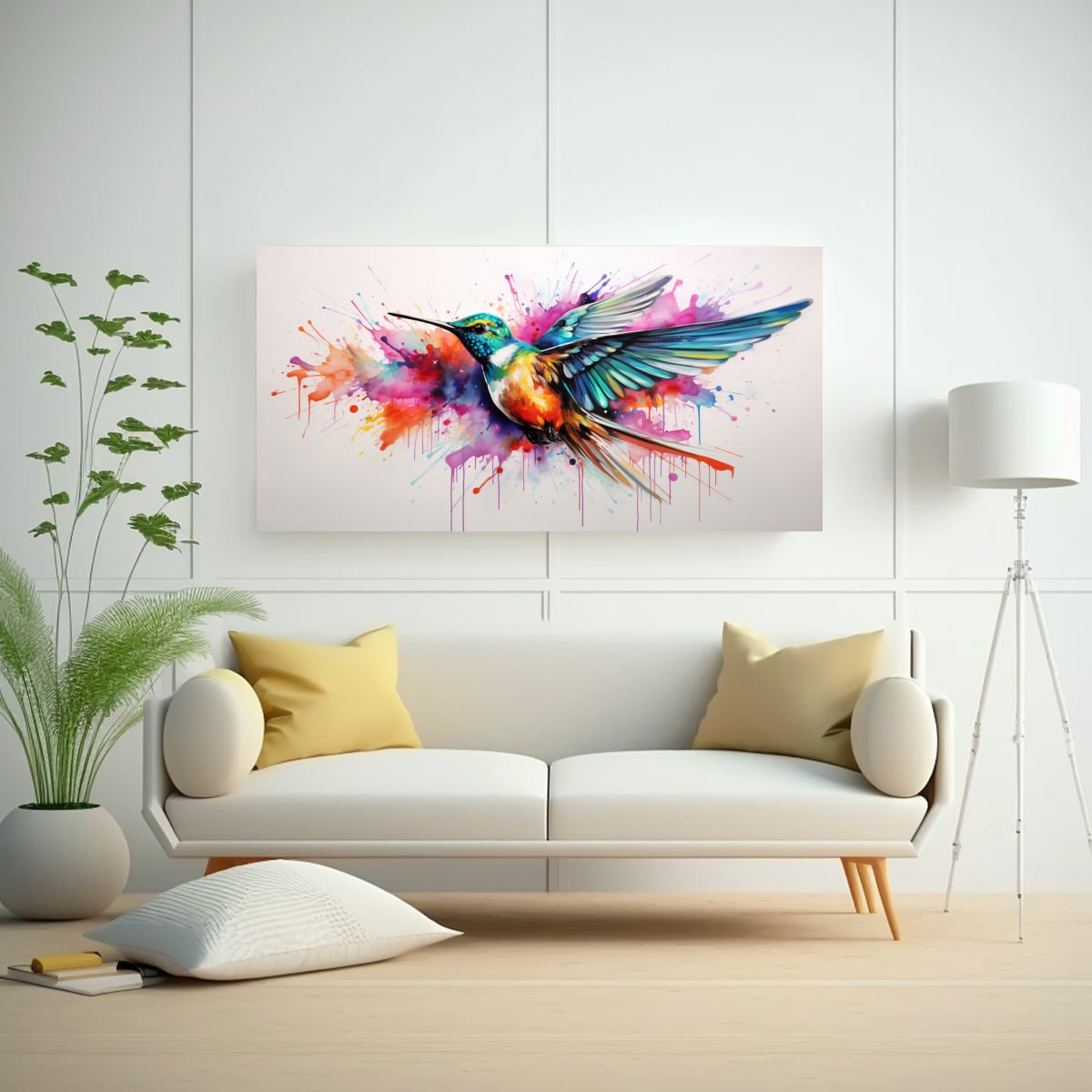 CUADRO DE COLIBRÍ EN TONOS PASTEL Y ACUARELAS, 60X30 CM - 2