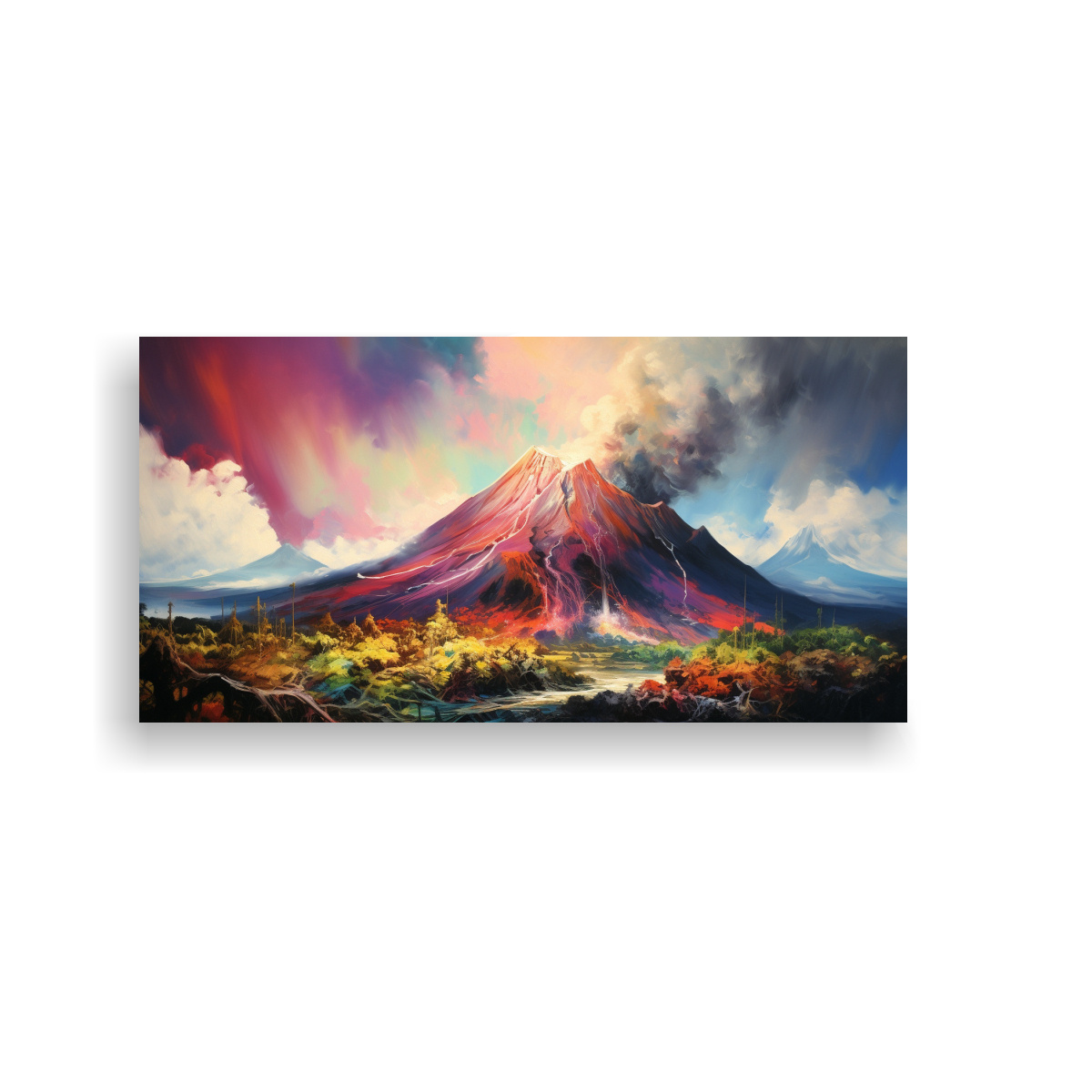 CUADRO TELA: VOLCÁN CON ARCOÍRIS Y COLORES 60X30 CM - 1