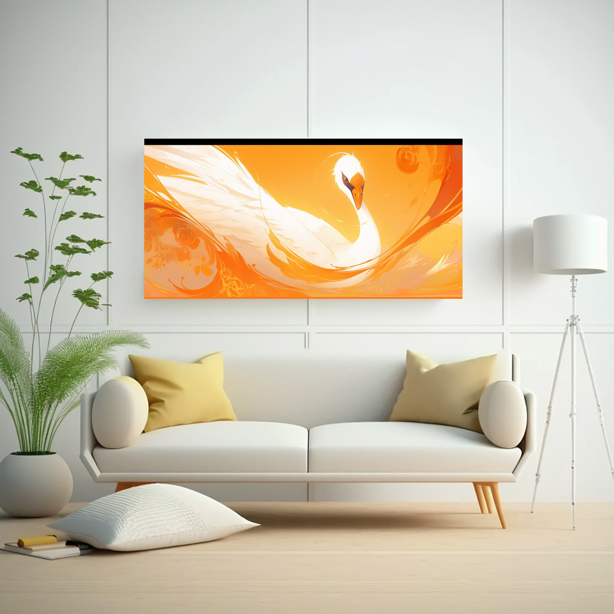 CUADRO DE UN CISNE EN COLORES NARANJA Y ORO 140X70 CM - 2