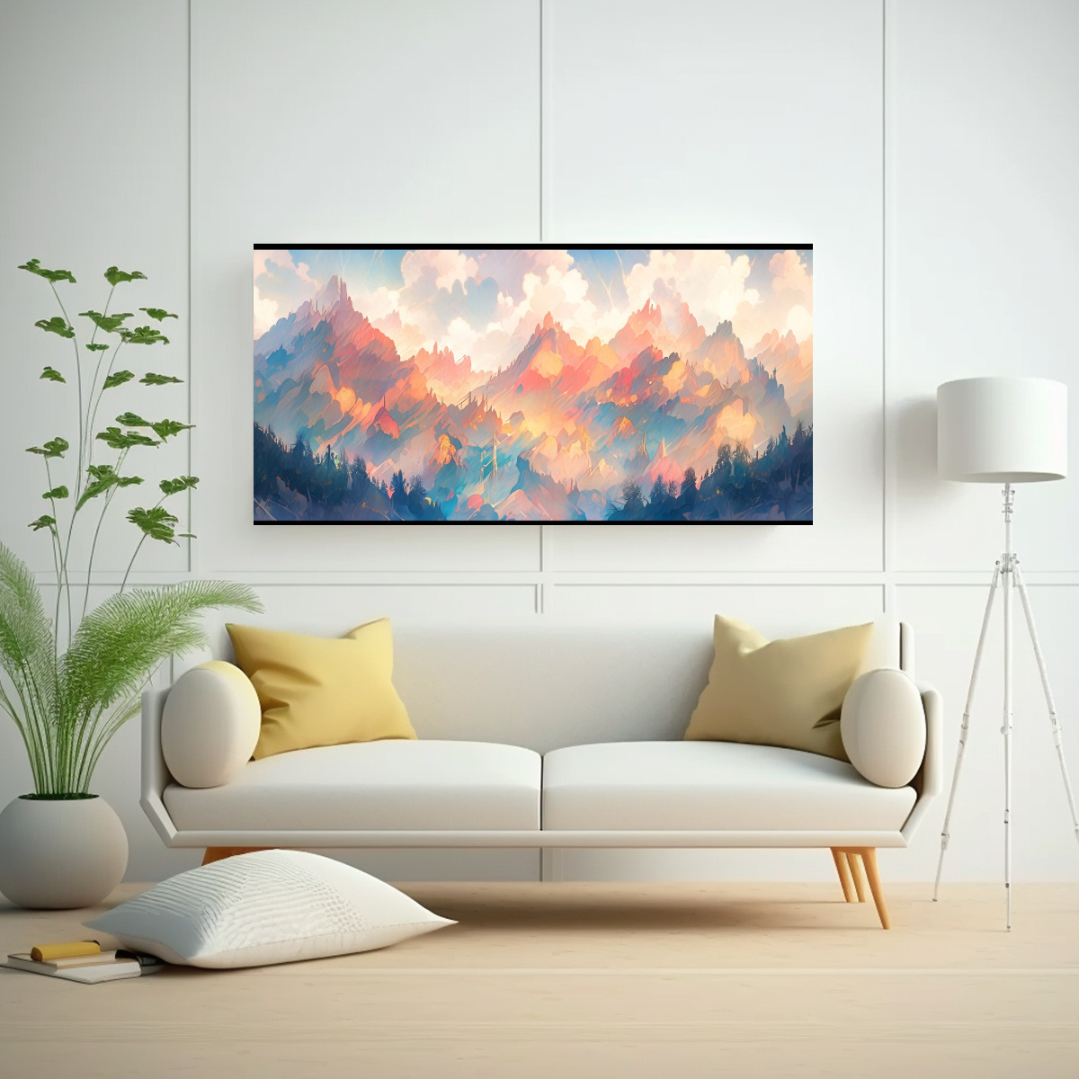 CUADRO ACUARELA MONTAÑAS FAMOSAS CON ARCOÍRIS Y 60X30 CM - 2