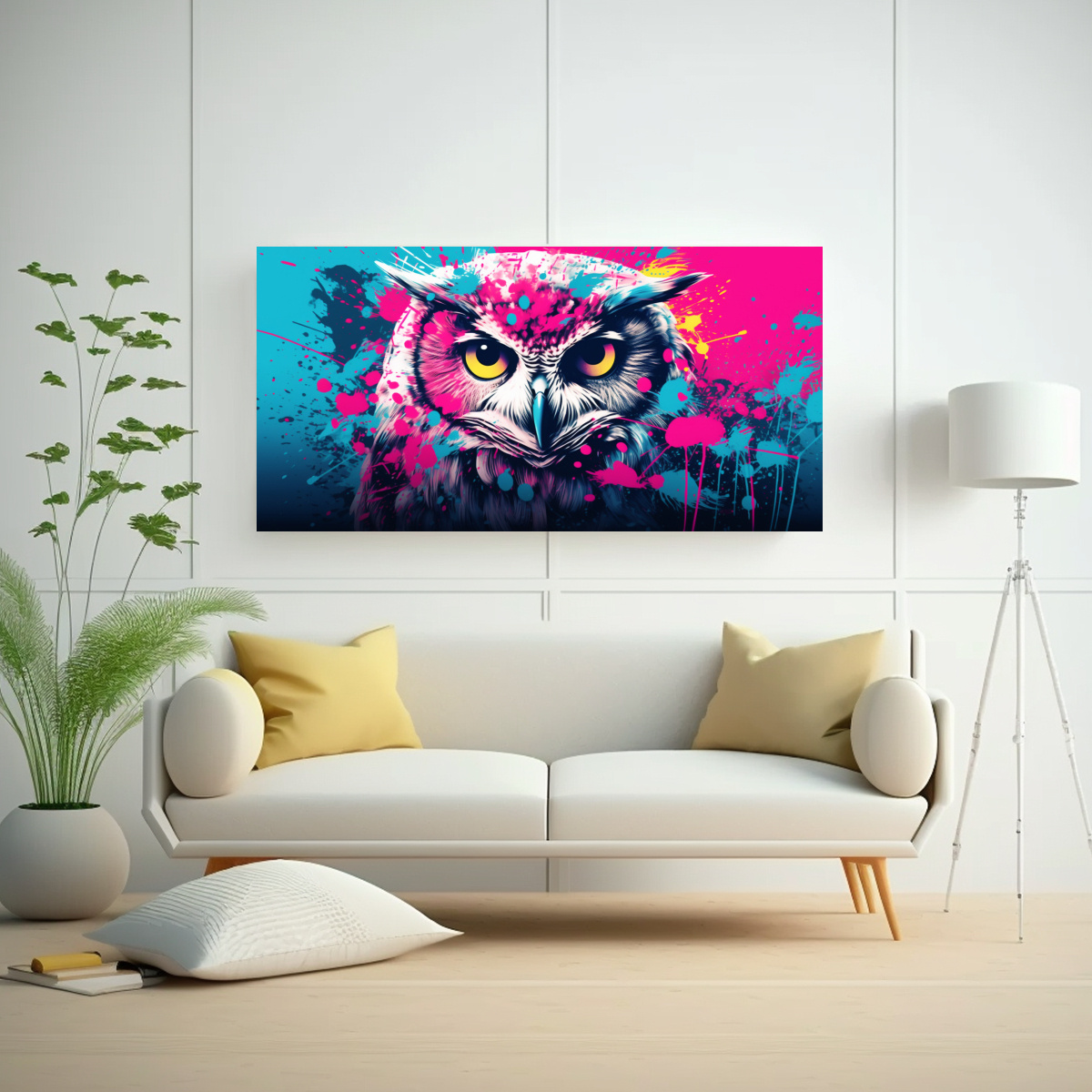 LIENZO TELA CALIDAD: BÚHO TURQUESA Y ROSA ARTE 140X70 CM - 2