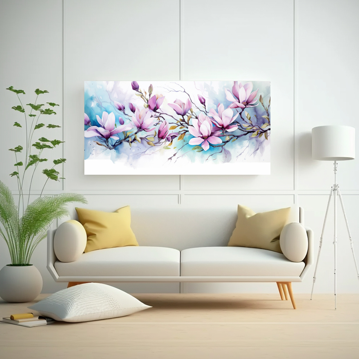 CUADRO DE MAGNOLIAS EN COLORES MORADO Y TURQUESA, 160X80 CM - 2