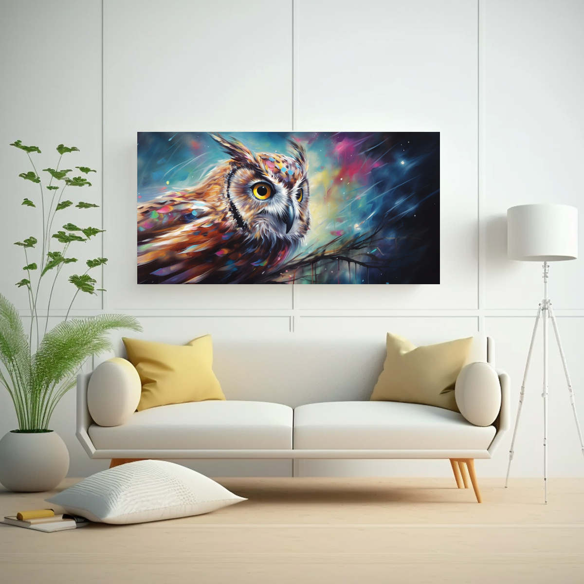 PINTURA AL ESTILO ÓLEO DE BÚHO COLORIDO EN 140X70 CM - 2