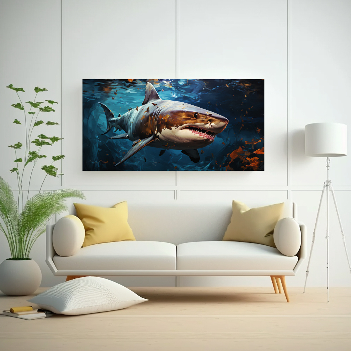 PINTURA AL ESTILO ÓLEO DE TIBURÓN AZUL EN 120X60 CM - 2