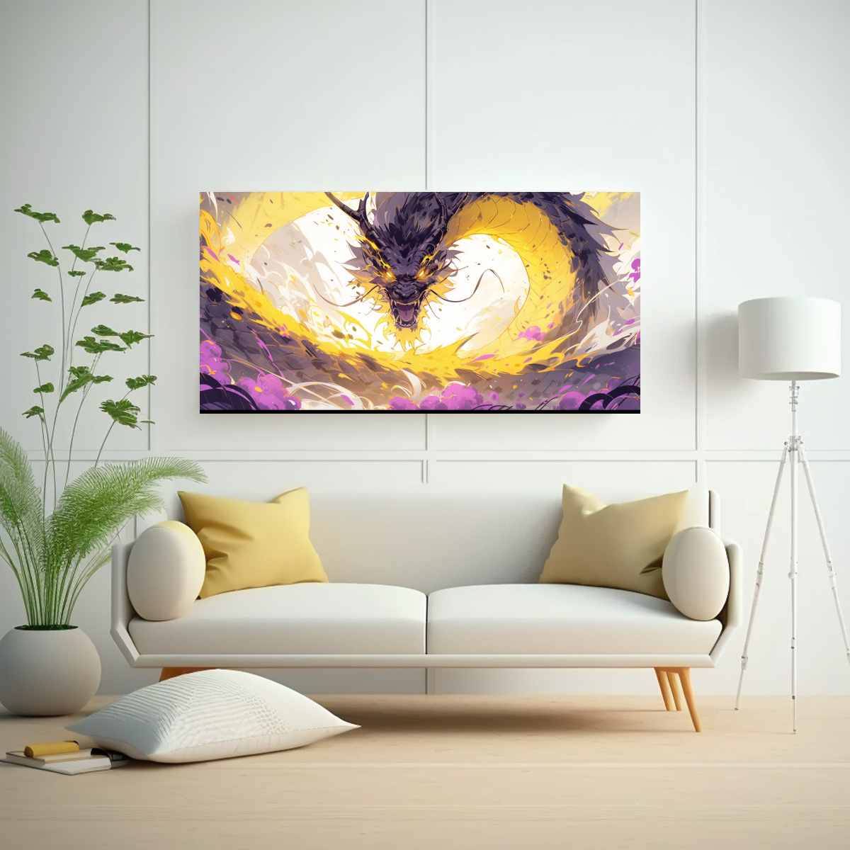 CUADRO DECORATIVO: DRAGÓN AMARILLO Y MORADO EN 80X40 CM - 2