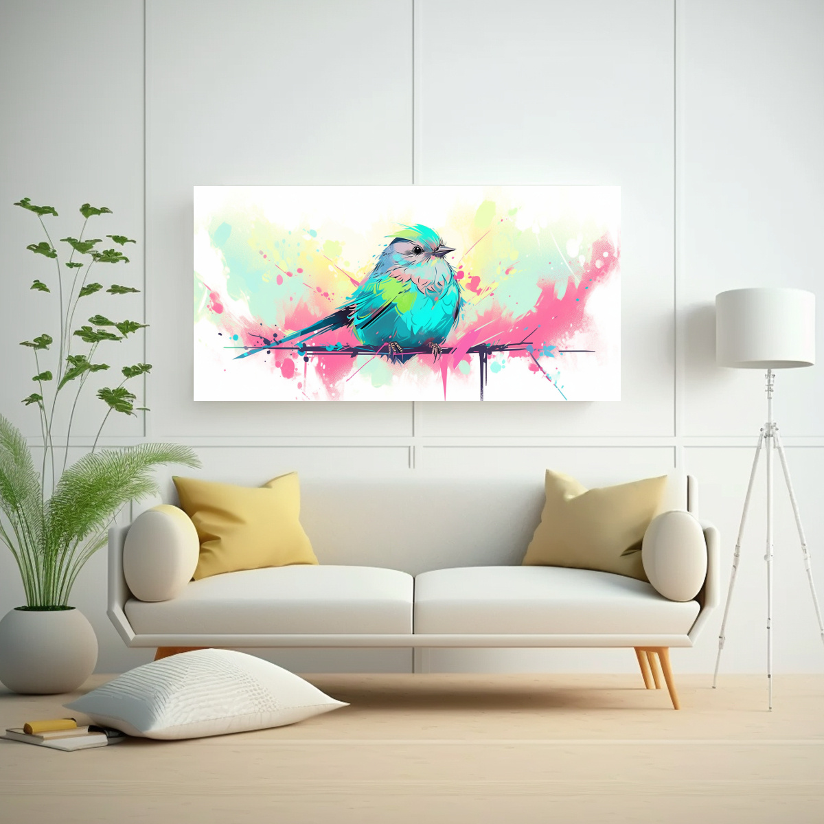 CUADRO HERMOSO CALIDEZ AVES EN PASTEL Y TURQUESA 60X30 CM - 2