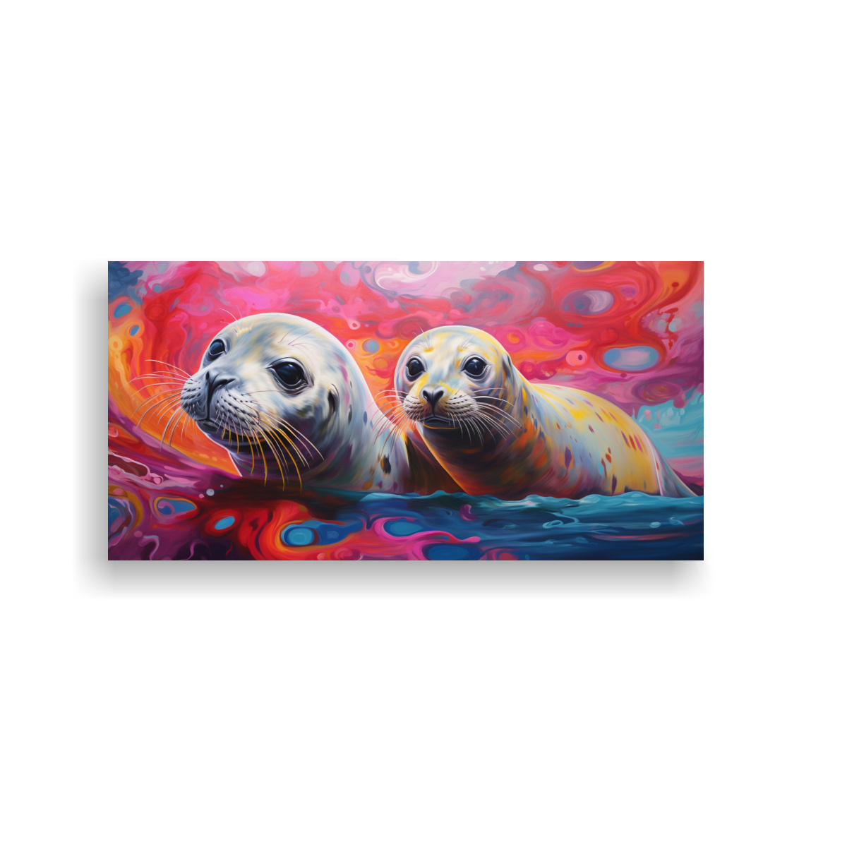 PINTURA AL ESTILO ÓLEO COLORIDA DE FOCAS EN 100X50 CM - 1
