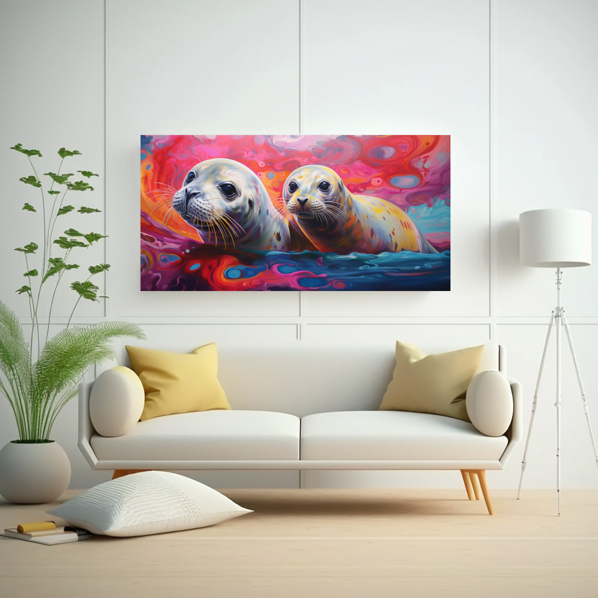 PINTURA AL ESTILO ÓLEO COLORIDA DE FOCAS EN 100X50 CM - 2