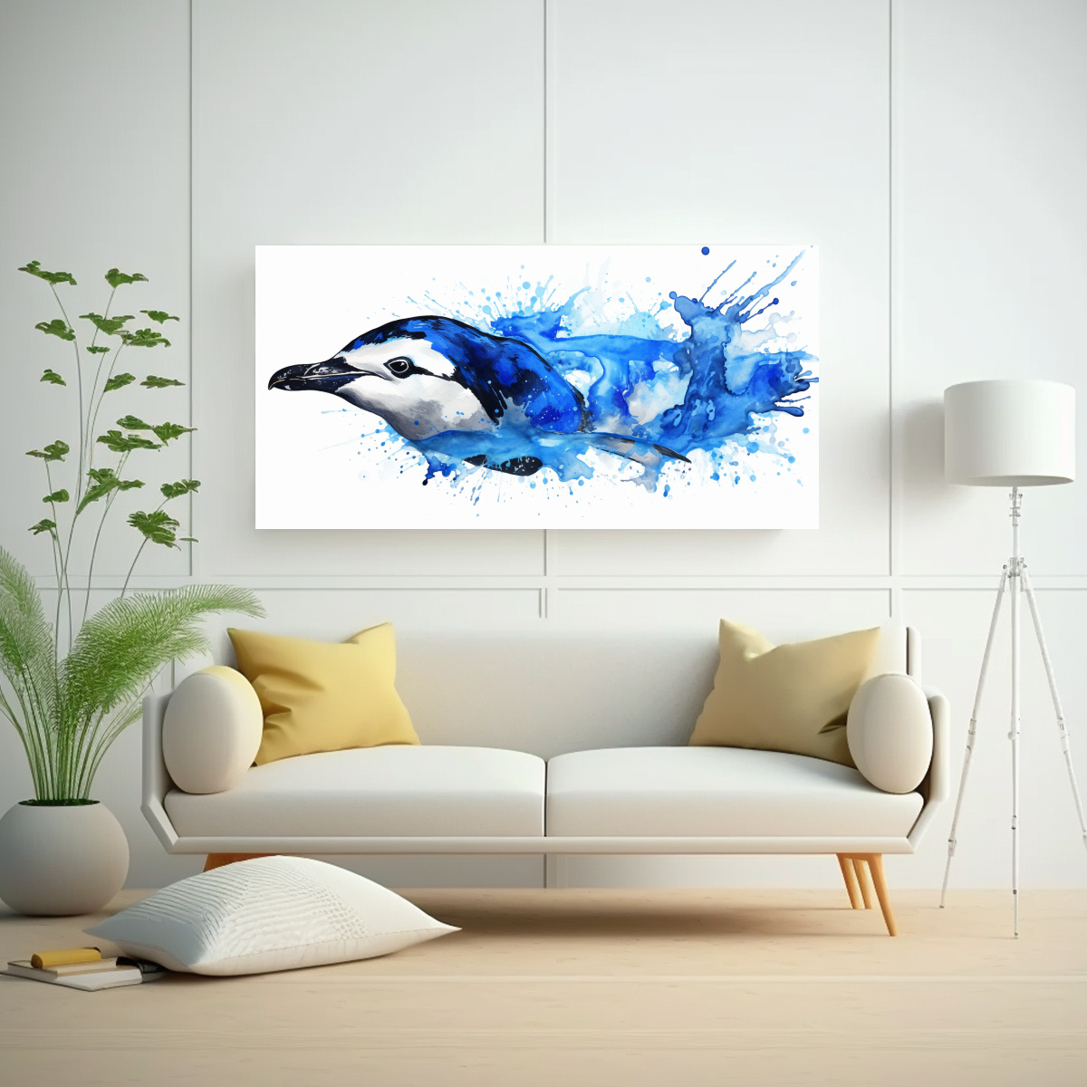 CUADRO SURREALISTA PINGÜINO EN ACUARELA COLORES 160X80 CM - 2