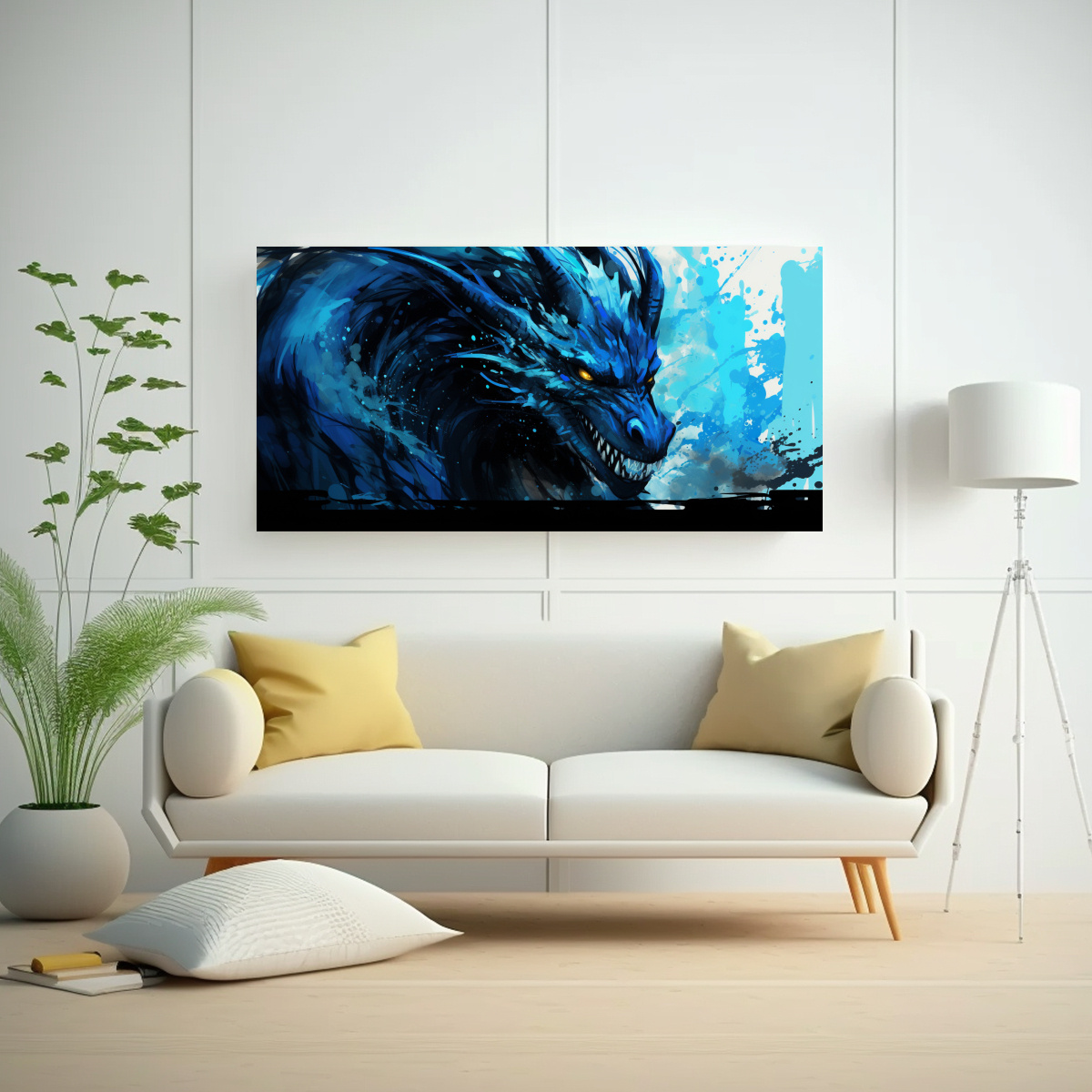 PINTURA MINIMALISTA DE DRAGÓN EN NEGRO Y AZUL 140X70 CM - 2