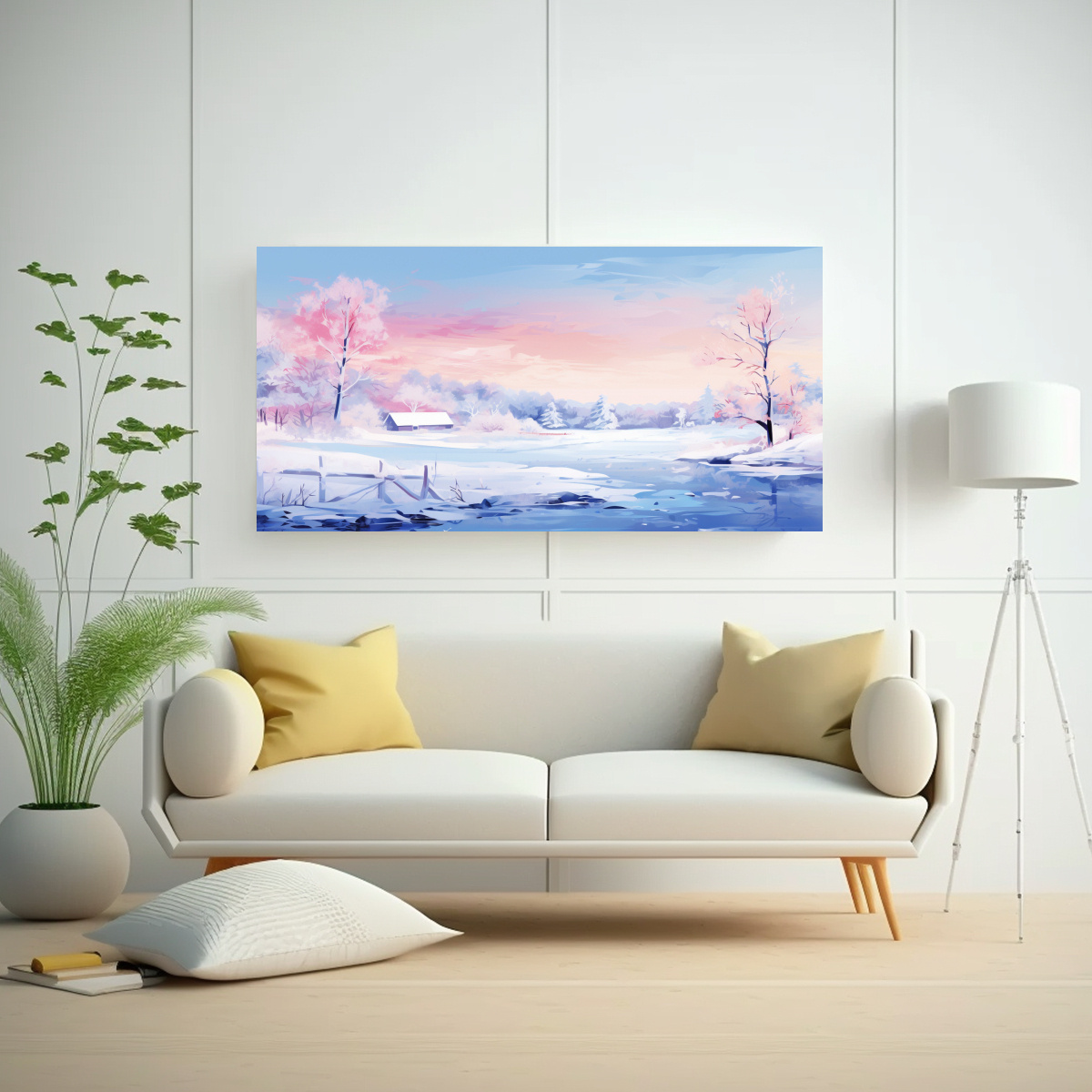 PAISAJE INVERNAL EN LIENZO CON COLORES BLANCOS, 40X20 CM - 2