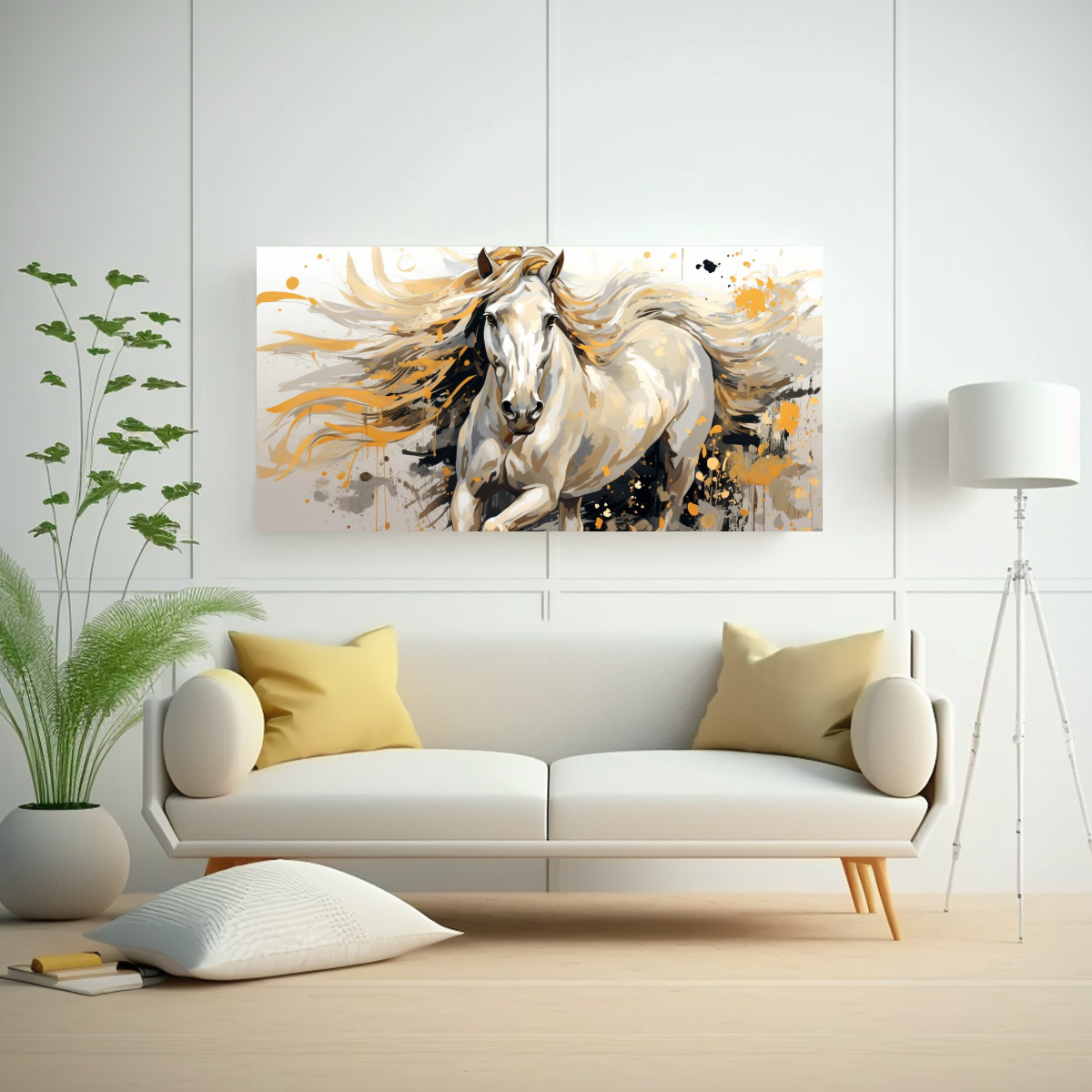 CUADRO ARTE PARED CABALLO FRISÓN BLANCO Y ORO 80X40 CM - 2