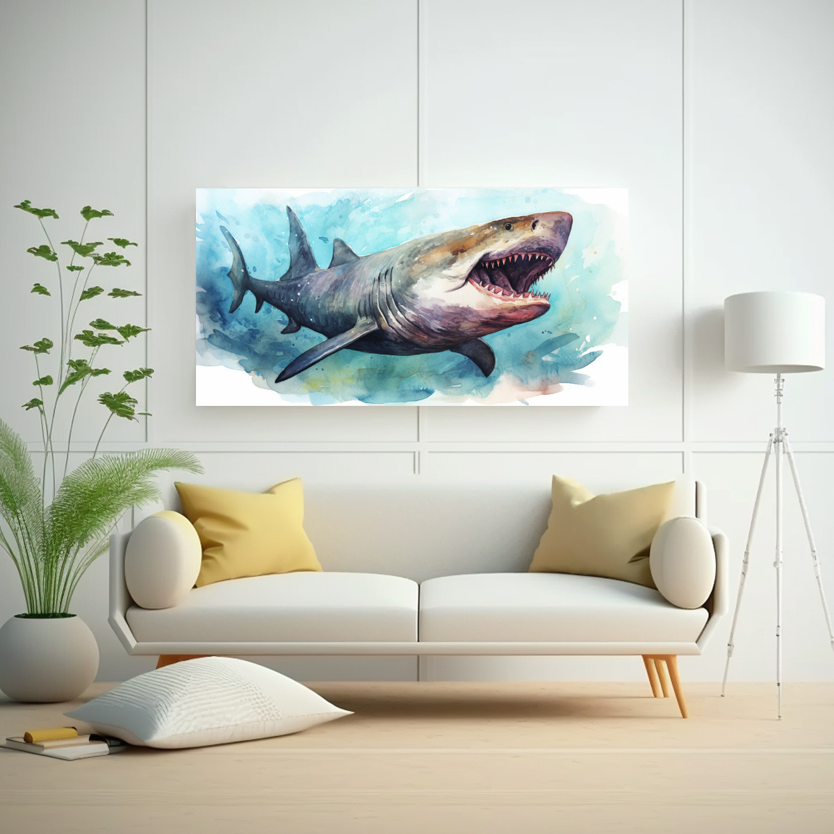 PINTURA ACUARELA CON ESTILO DE TIBURÓN PEREGRINO 60X30 CM - 2