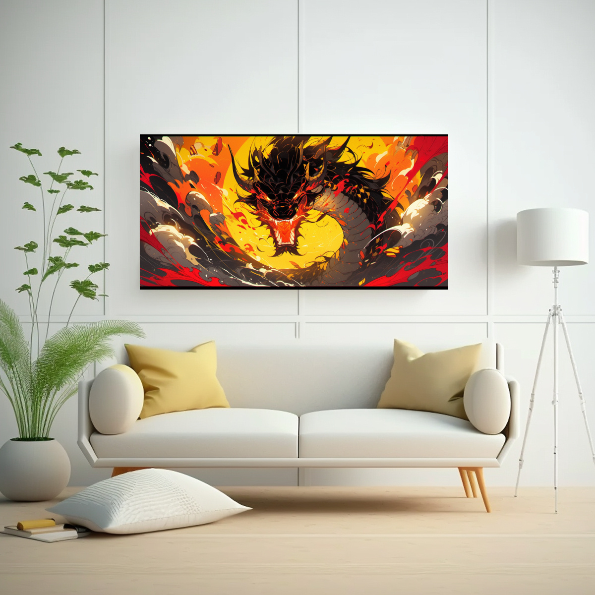 PINTURA DRAGON EN AMARILLO Y ROJO, COMPOSICIÓN 140X70 CM - 2