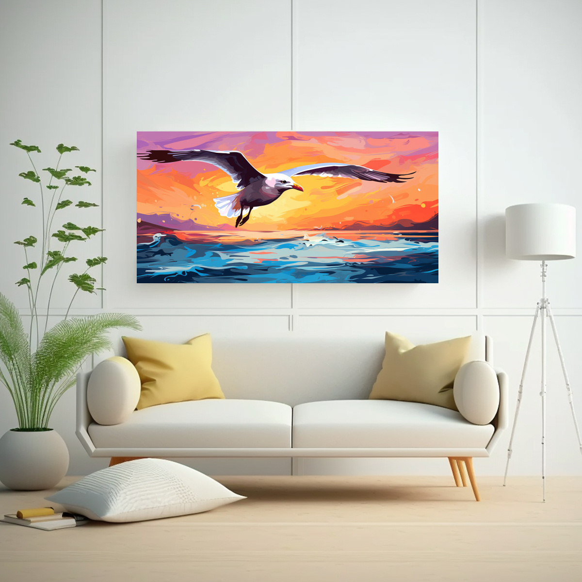 CUADRO TELA VINTAGE: GAVIOTA PÚRPURA Y NARANJA 120X60 CM - 2
