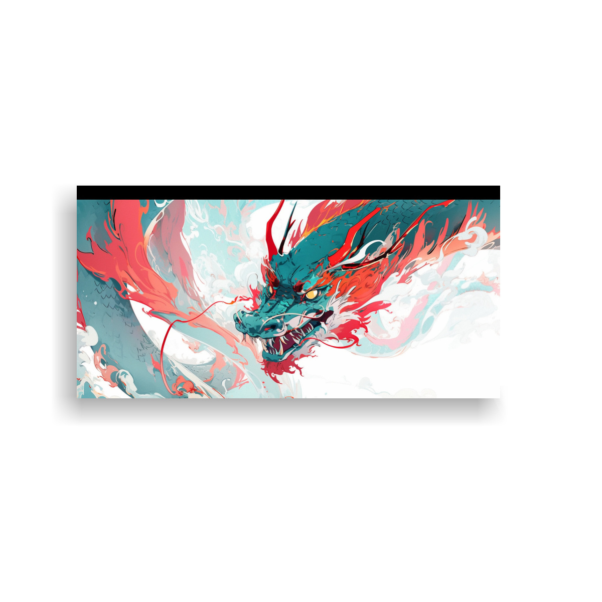 PINTURA DECORATIVA DE DRAGÓN EN ROJO Y TURQUESA, 120X60 CM - 1