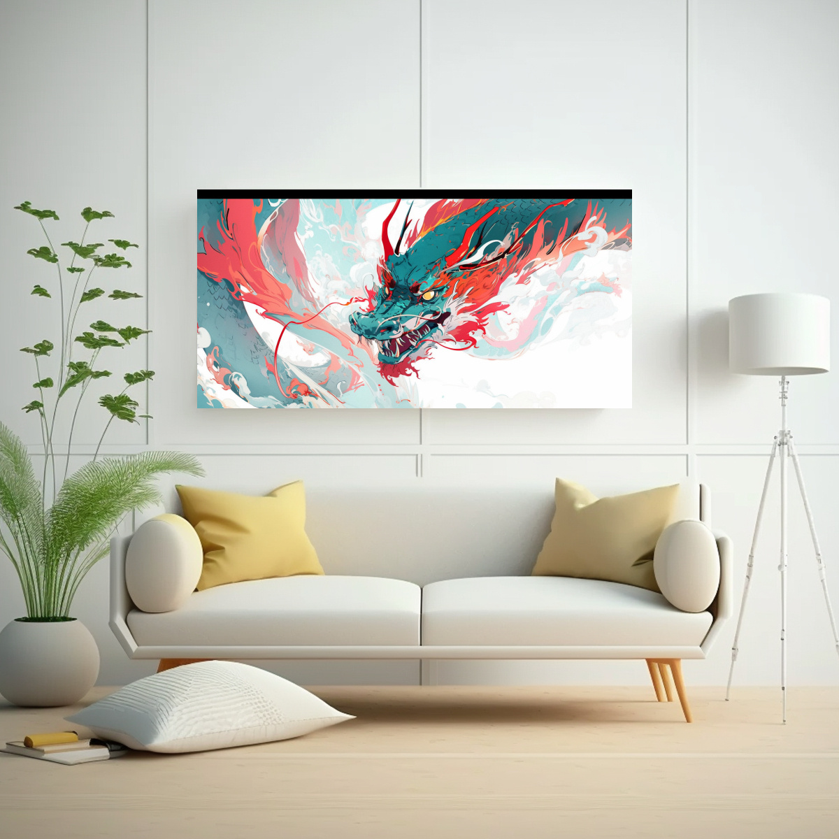 PINTURA DECORATIVA DE DRAGÓN EN ROJO Y TURQUESA, 120X60 CM - 2
