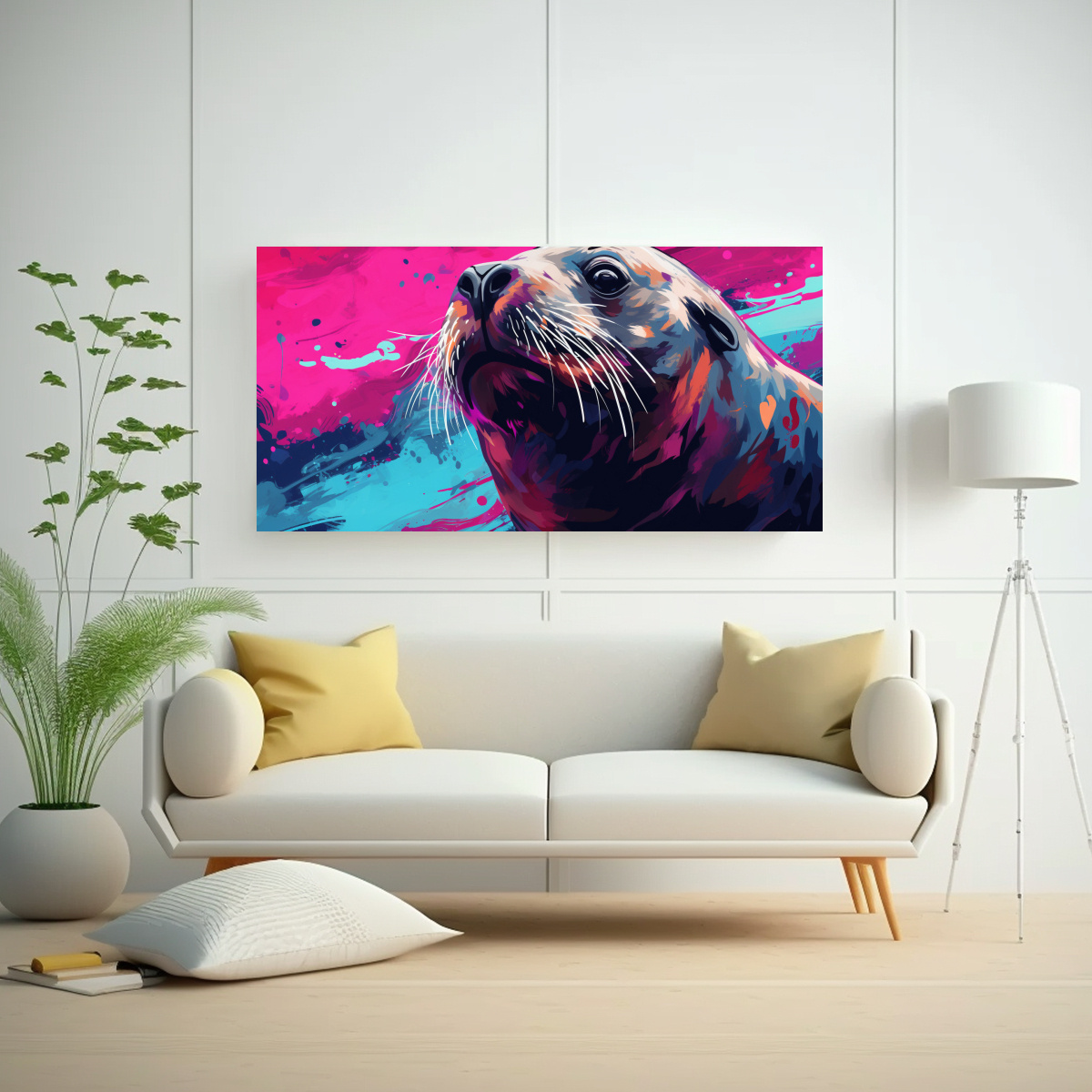 PINTURA URBANA HORIZONTAL: LEÓN MARINO EN FUCSIA 40X20 CM - 2