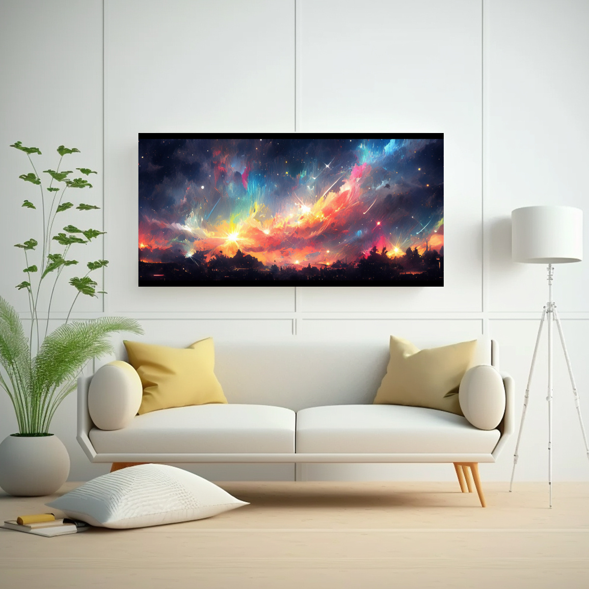PINTURA EN LIENZO COLORIDA NOCHE CON ARCOÍRIS Y 140X70 CM - 2