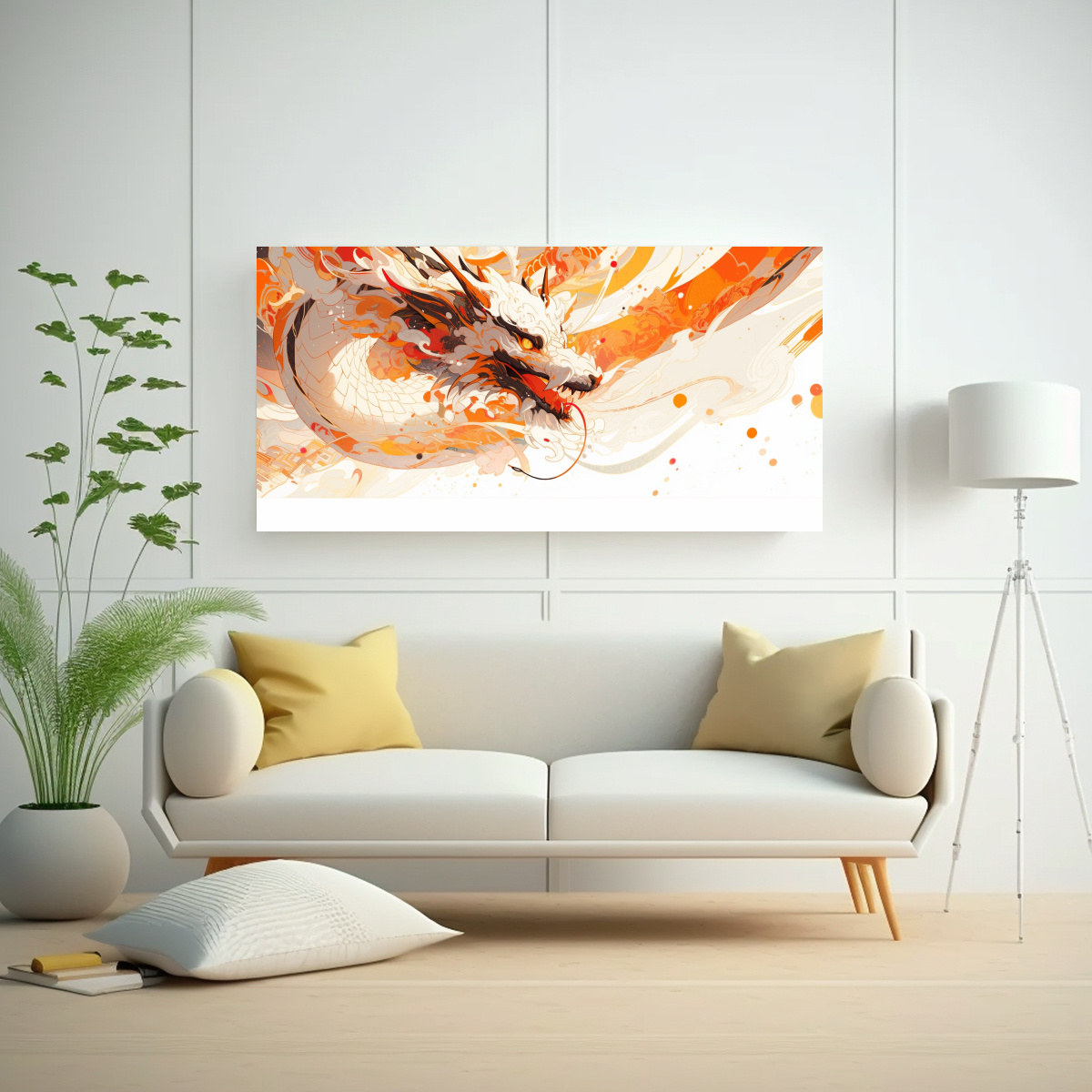 PINTURA DE PARED: DRAGÓN BLANCO Y NARANJA EN 160X80 CM - 2