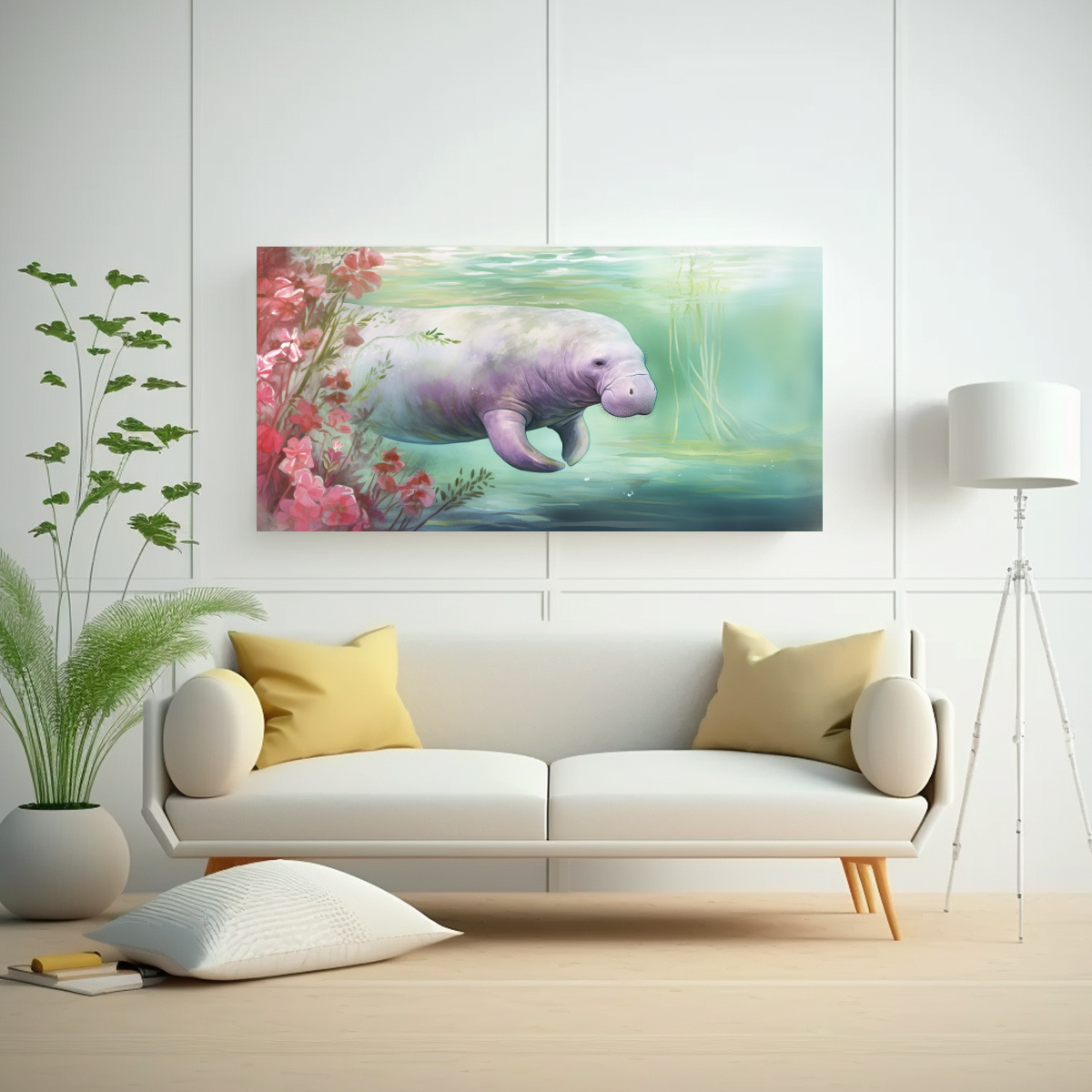 CUADRO ACUARELA COLORIDA MANATÍES ESTILO PINTURA 80X40 CM - 2