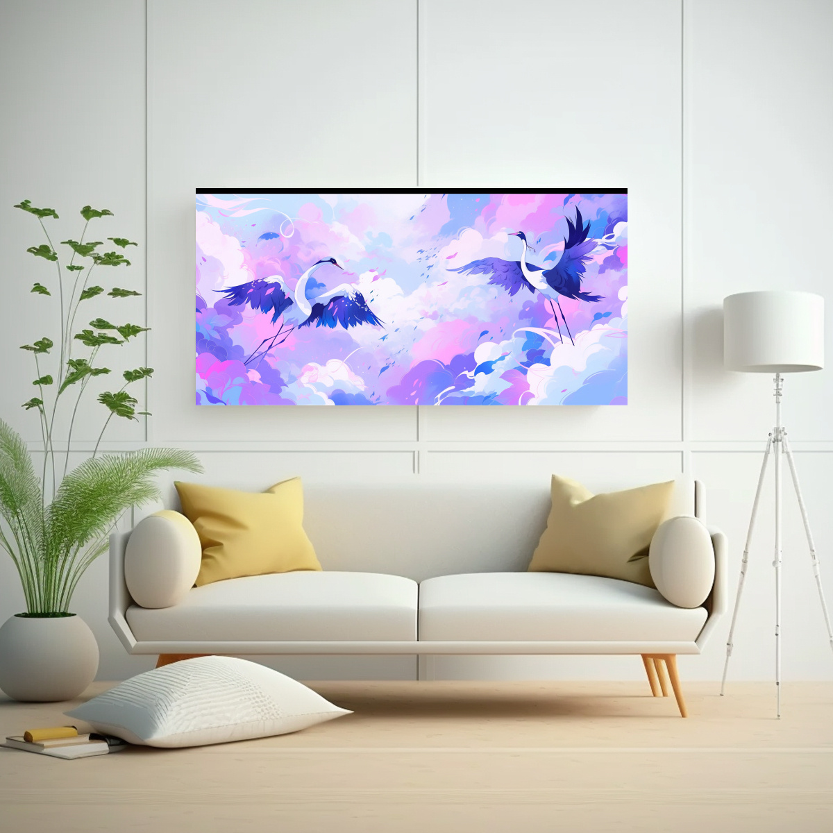 PINTURA DE GRULLAS EN COLORES PÚRPURA Y AZUL: 100X50 CM - 2
