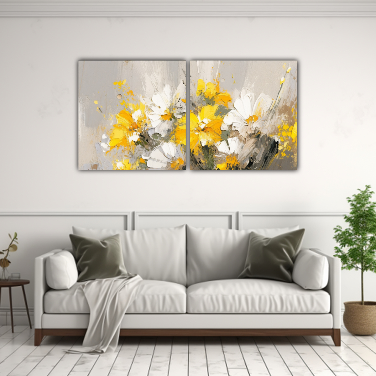 CUADRO LIENZO TELA SALA FLORES AMARILLO Y PLATEADO 40X20 CM - 2
