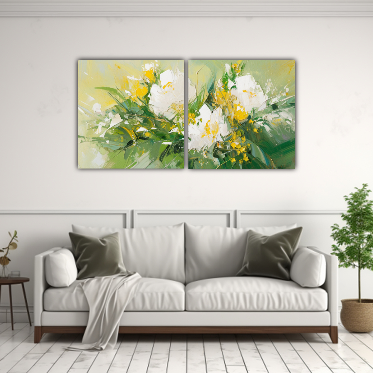 PINTURA DECORATIVA DE FLORES VERDE Y DORADO EN 60X30 CM - 2
