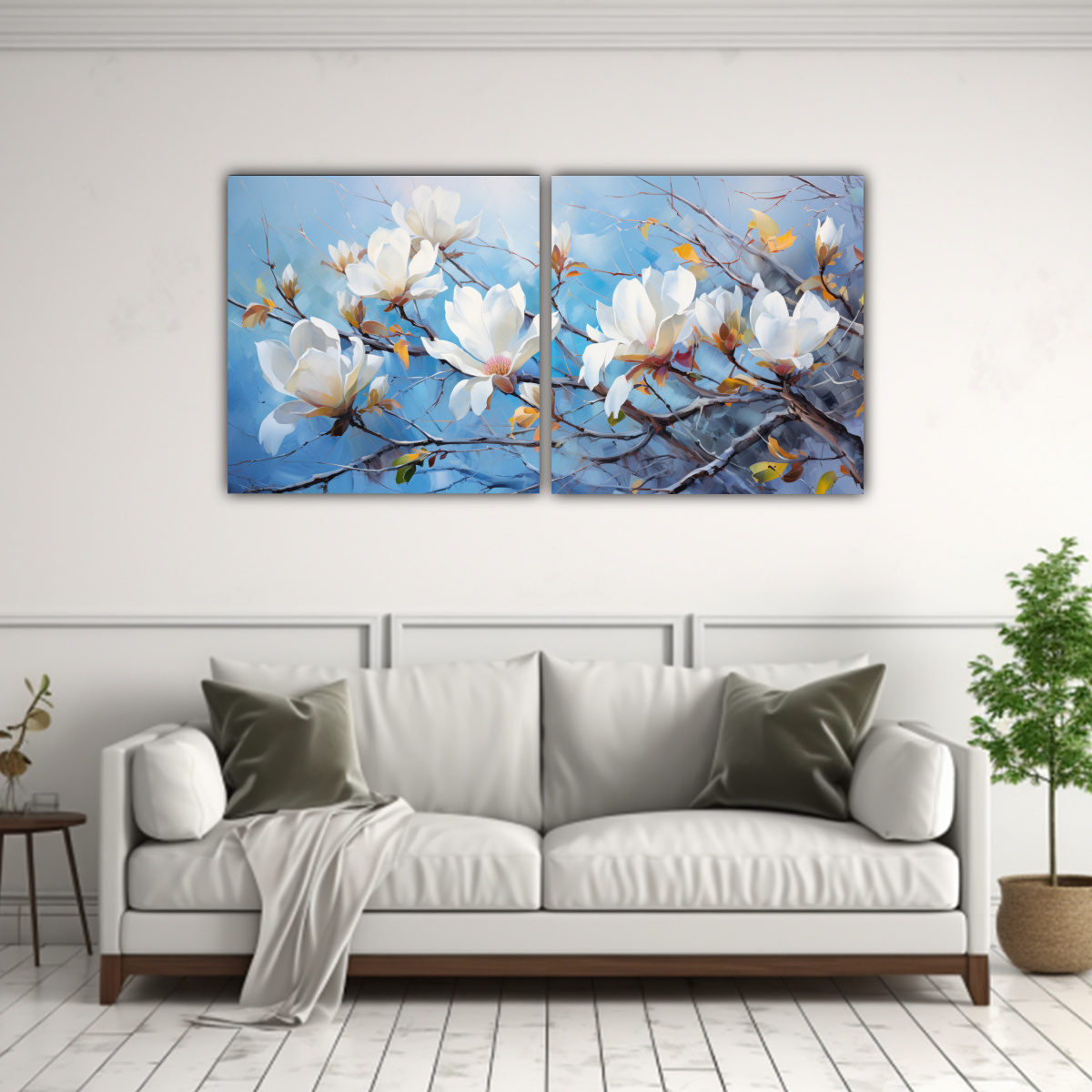 PINTURA ABSTRACTA MAGNOLIAS EN BLANCO Y AZUL 80X40 CM - 2