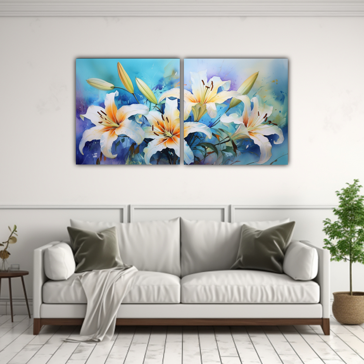 PINTURA ABSTRACTA EN COLORES TURQUESA CON LIRIOS 80X40 CM - 2