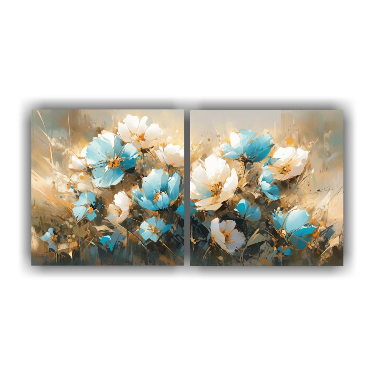 PINTURA EN LIENZO TURQUESA Y ORO CON FLORES EN 140X70 CM - 1