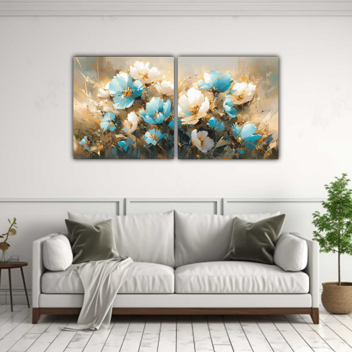 PINTURA EN LIENZO TURQUESA Y ORO CON FLORES EN 140X70 CM - 2