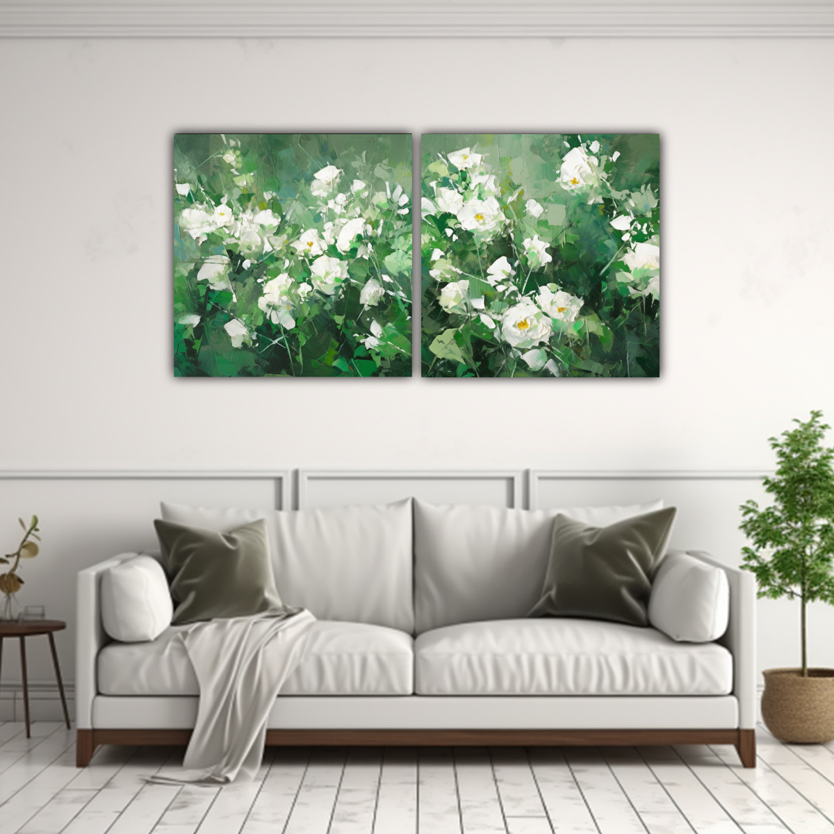 DÍPTICO FLORES EN COLORES VERDE Y BLANCO EN 40X20 CM - 2