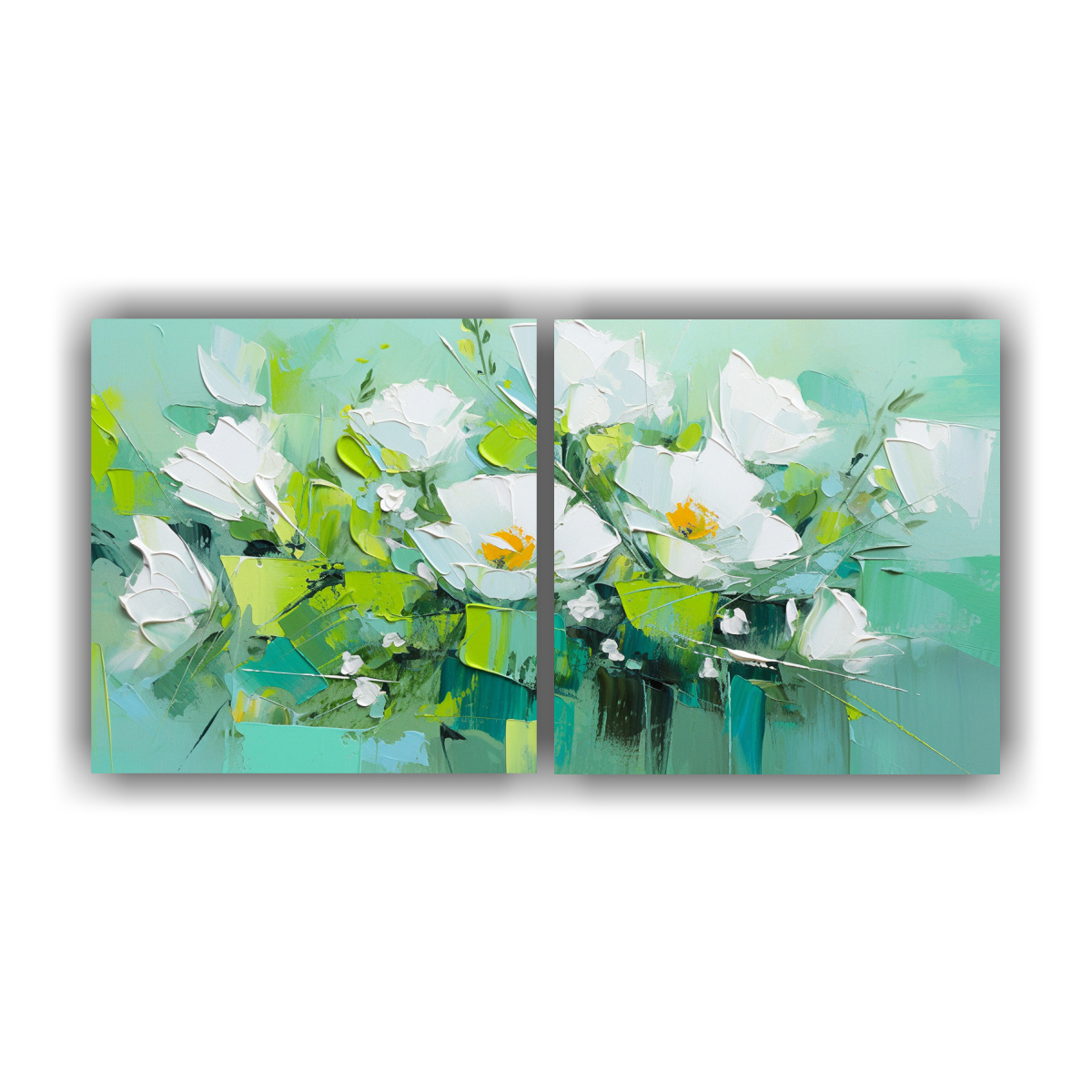 CUADRO TONOS MURAL VERDE Y TURQUESA CON FLORES; 140X70 CM - 1