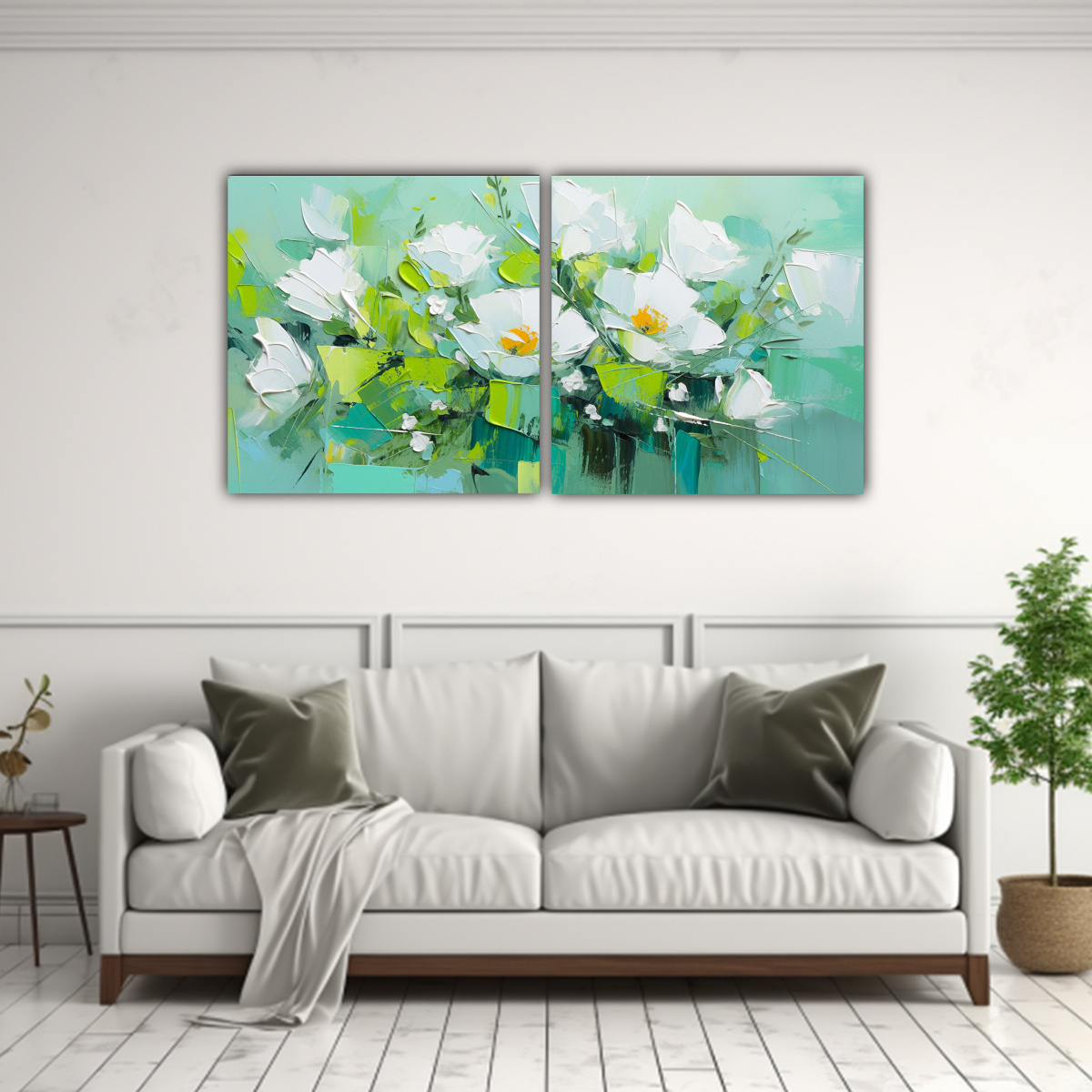 CUADRO TONOS MURAL VERDE Y TURQUESA CON FLORES; 140X70 CM - 2