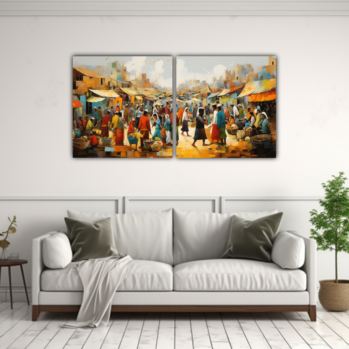 PAISAJE ANIMADO DEL MERCADO PINTURAS ABSTRACTAS 160X80 CM - 2
