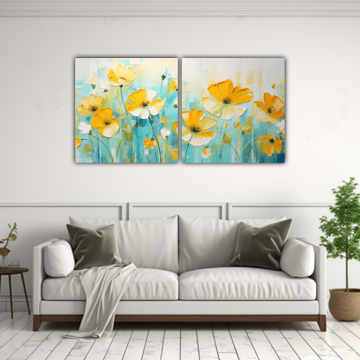 PINTURA EN LIENZO DE FLORES AMARILLAS Y TURQUESAS 120X60 CM - 2