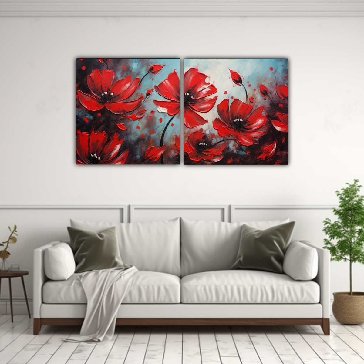PINTURA EN LIENZO DE FLORES EN COLORES ROJO Y 60X30 CM - 2