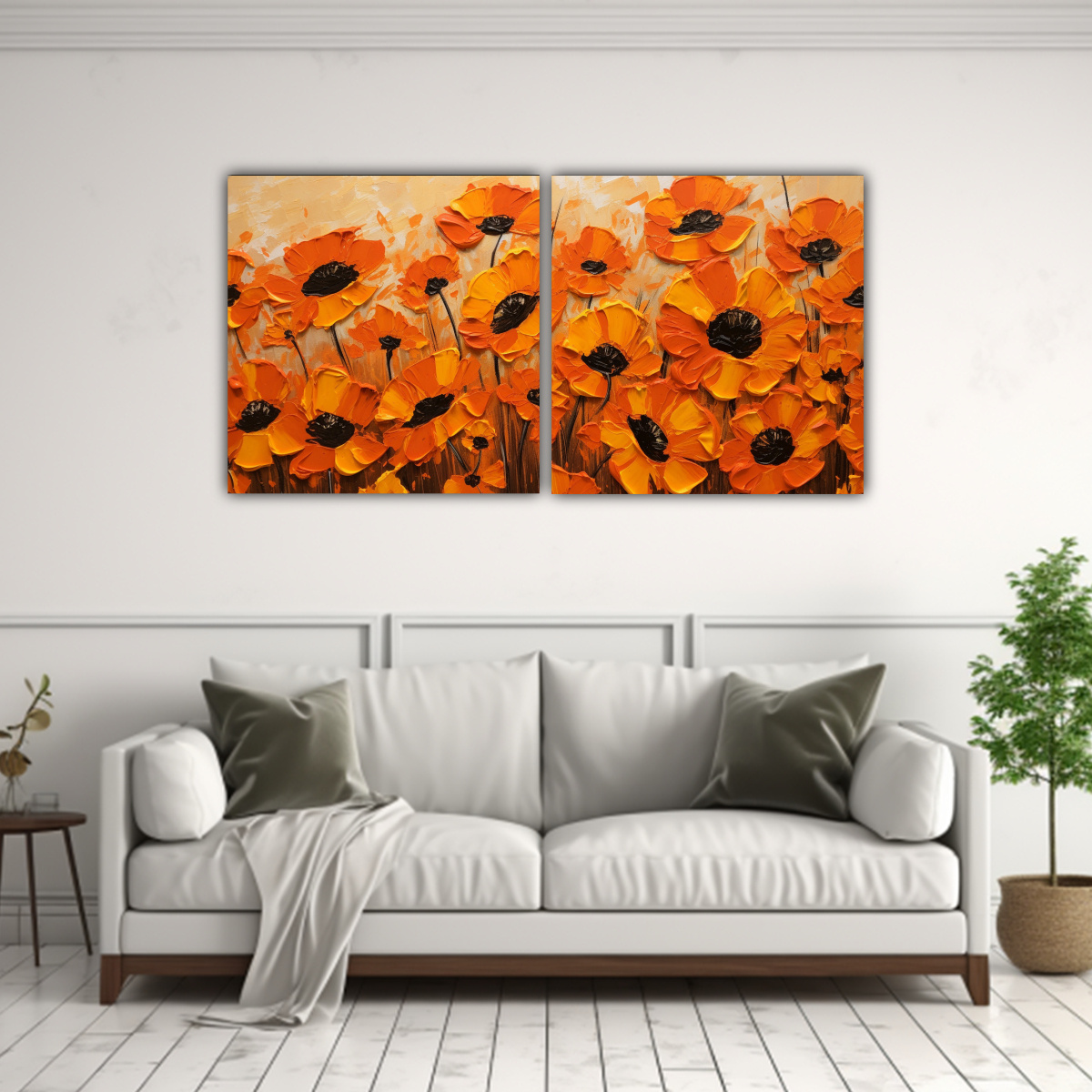 PINTURA EN LIENZO DE FLORES EN COLORES NARANJA Y 60X30 CM - 2
