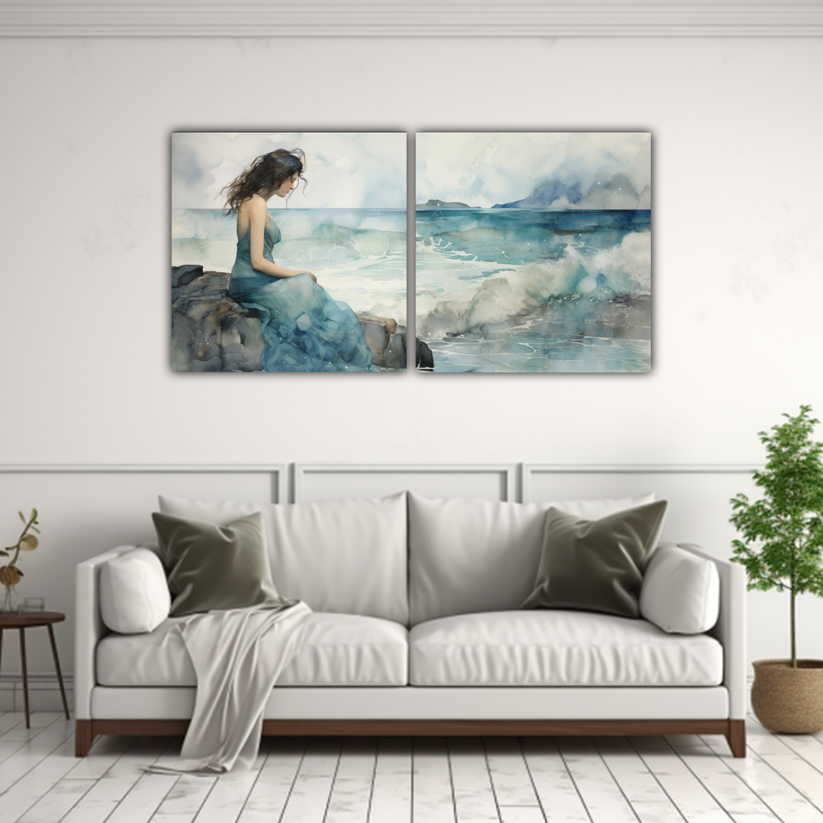 PINTURA DE PARED MODERNA EN ACUARELA AZUL, 100X50 CM - 2