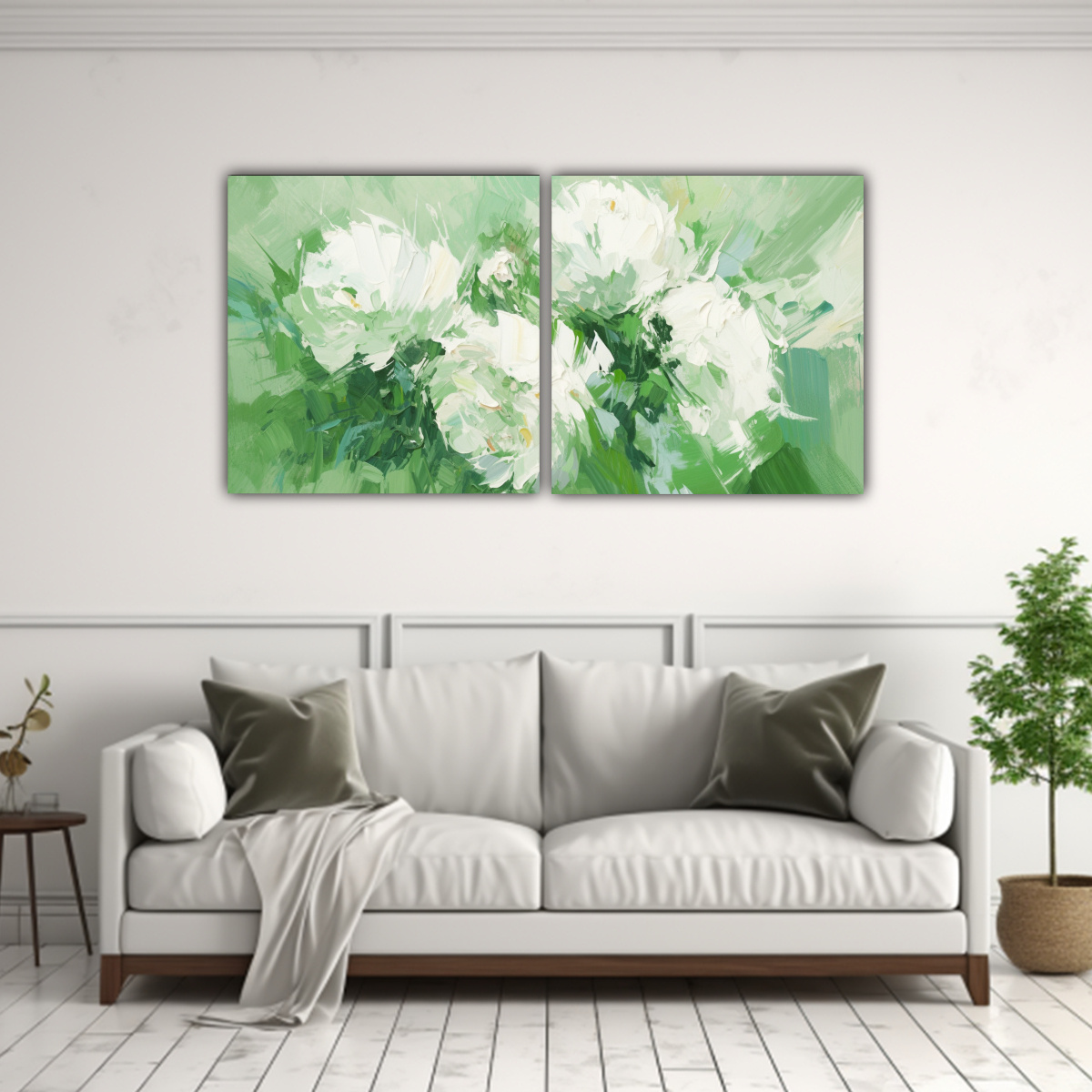PINTURA EN LIENZO DE FLORES VERDES Y BLANCAS PARA 40X20 CM - 2
