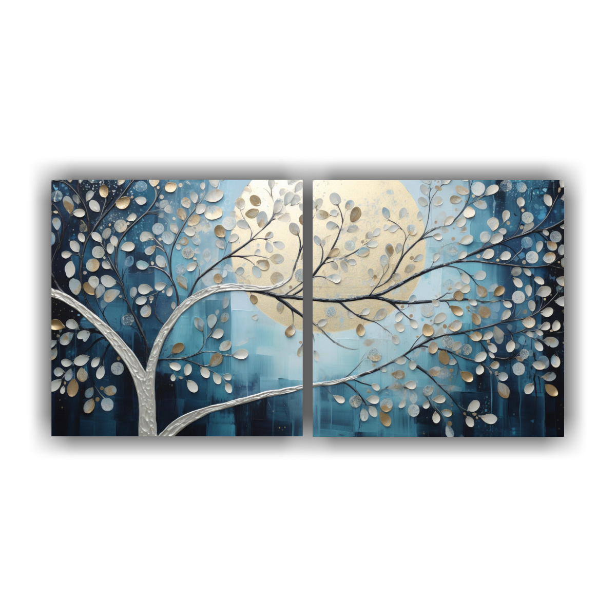 PINTURA DE ÁRBOL EN AZUL Y PLATA PARA 80X40 CM - 1