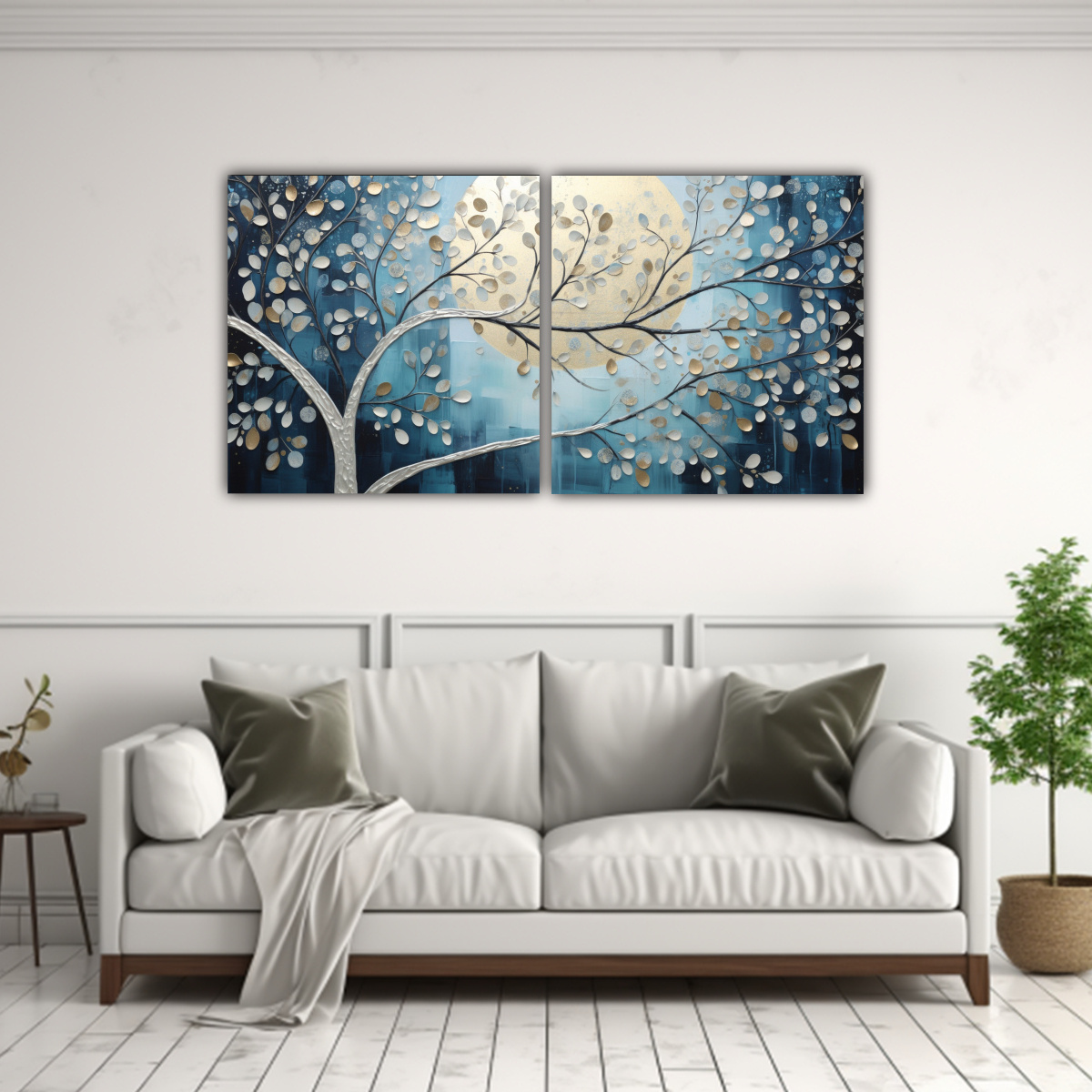 PINTURA DE ÁRBOL EN AZUL Y PLATA PARA 80X40 CM - 2