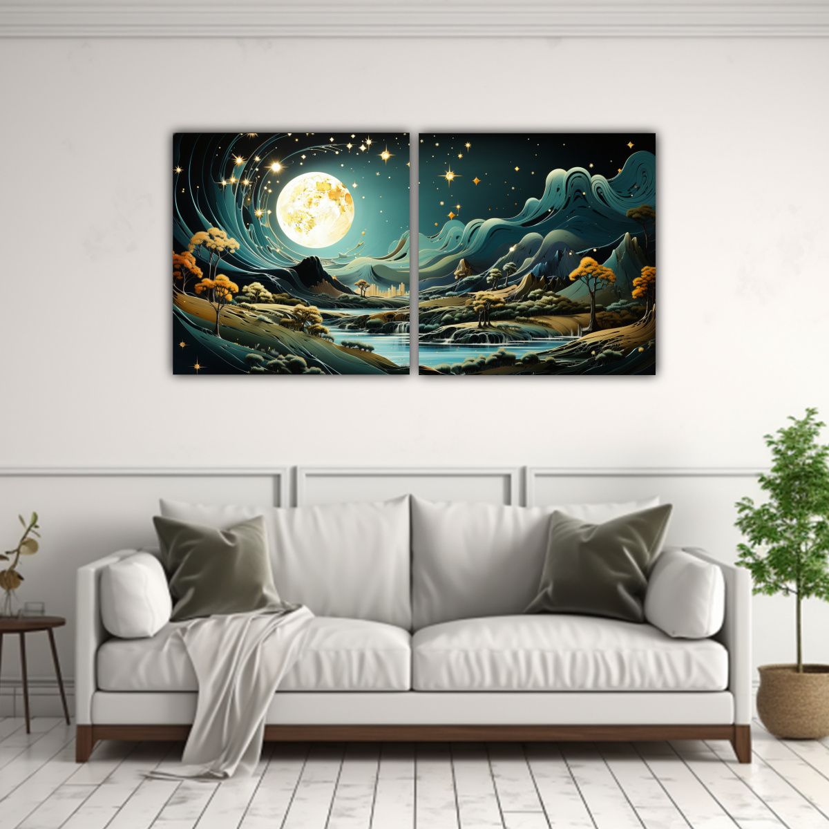 PAISAJE NOCTURNO CON LUNA Y MONTAÑAS EN 60X30 CM - 2
